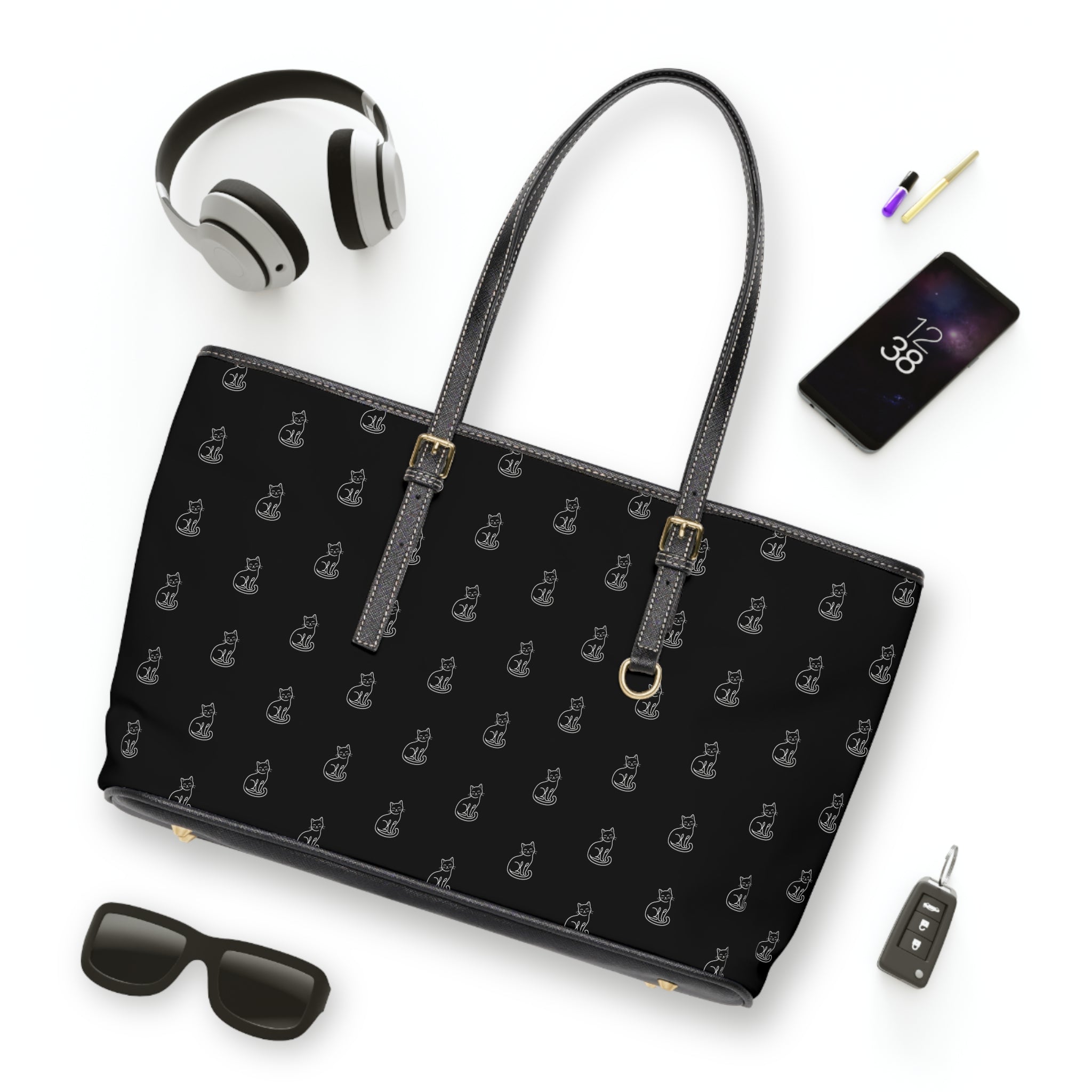 Cat Silhouette Pattern PU Leather Shoulder Bag | Black Tote, Repeating Cat Design
