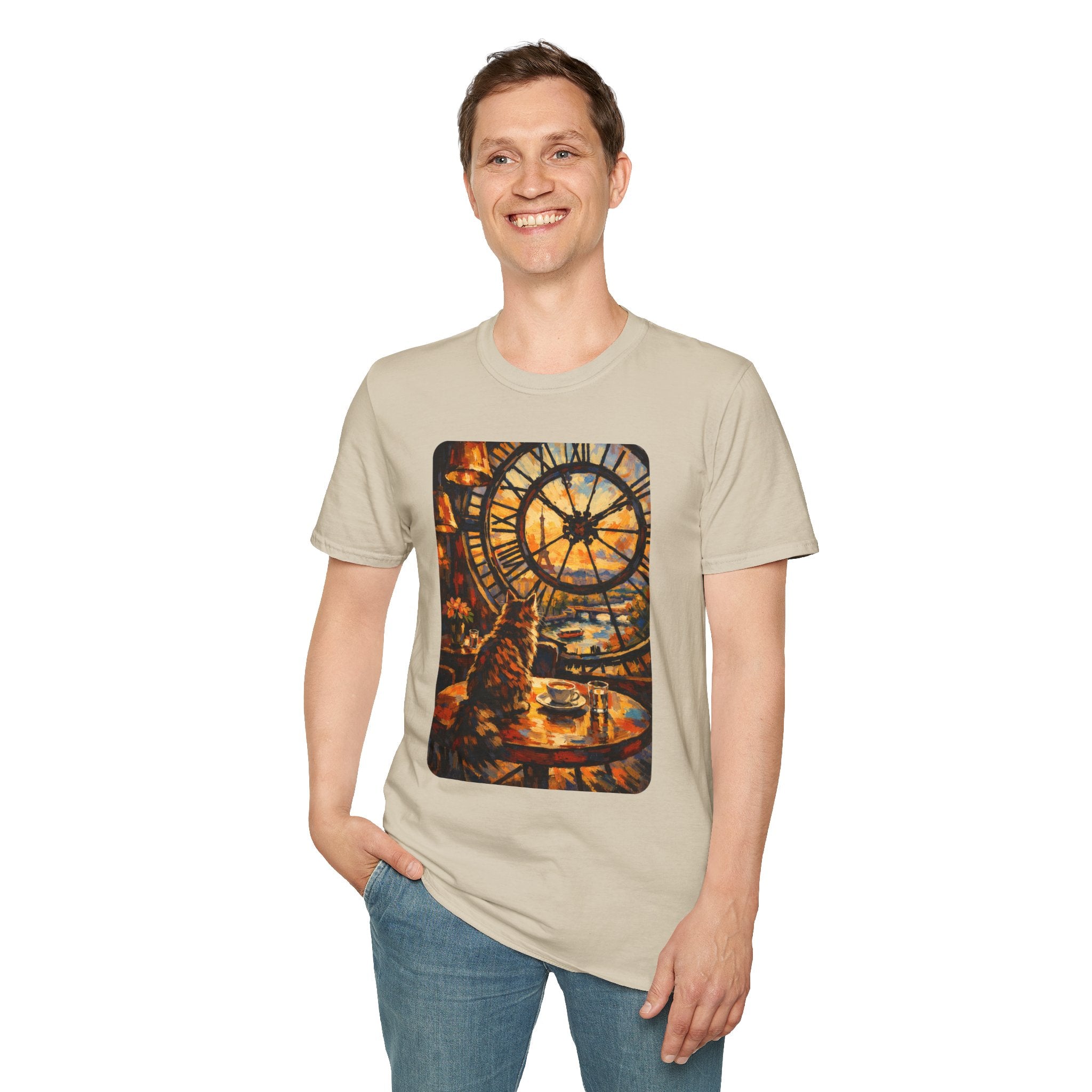 Paris D'Orsay Cafe Cat Illustration T-Shirt | Musée D'Orsay Scene Beige