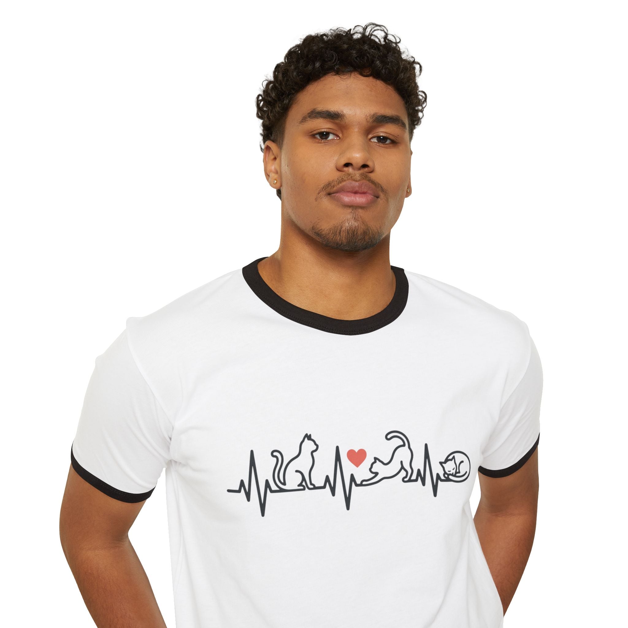 Cat Lover Ringer T-Shirt — Cat Heartbeat Print Design White