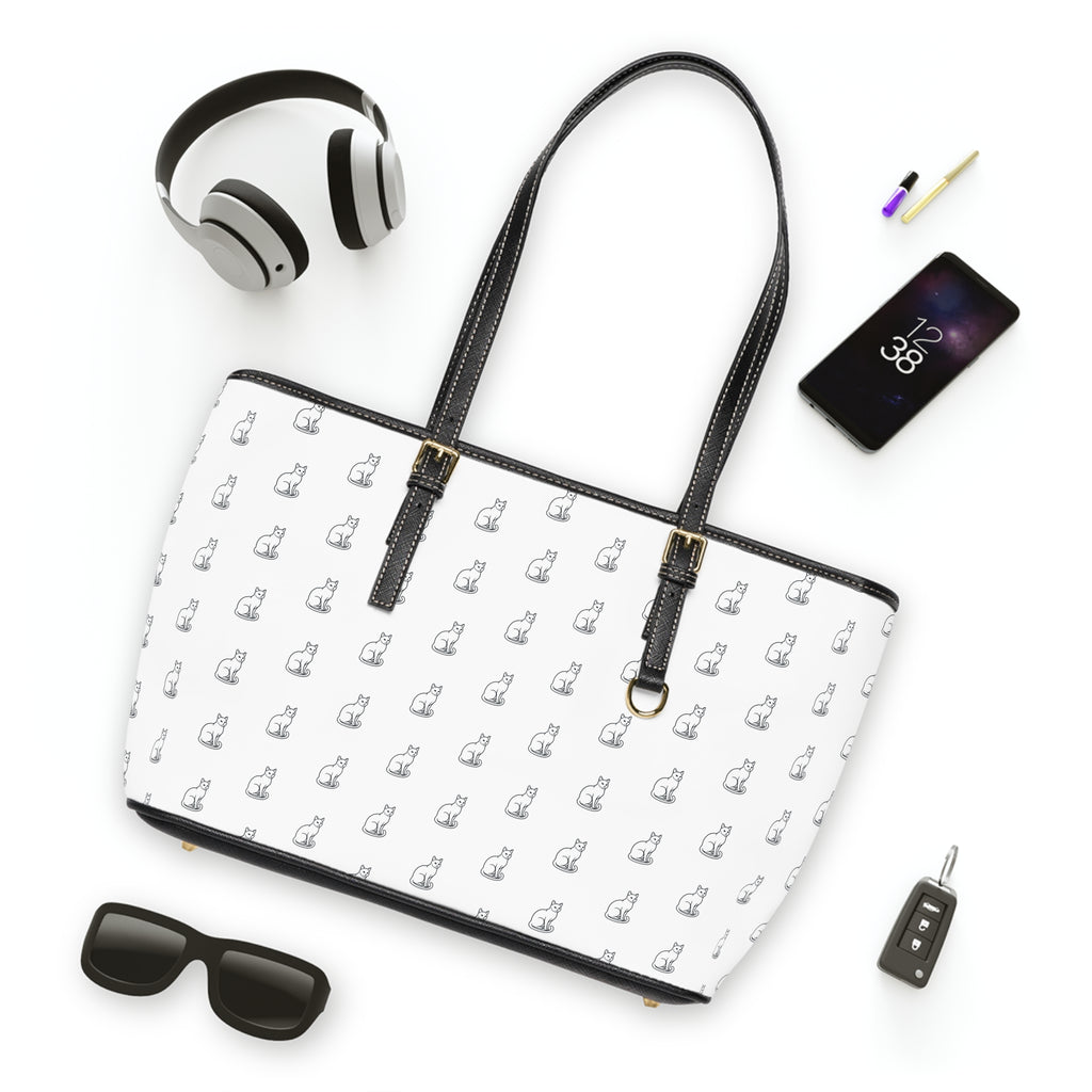 Cat Silhouette Pattern PU Leather Shoulder Bag | White Tote, Repeating Cat Design