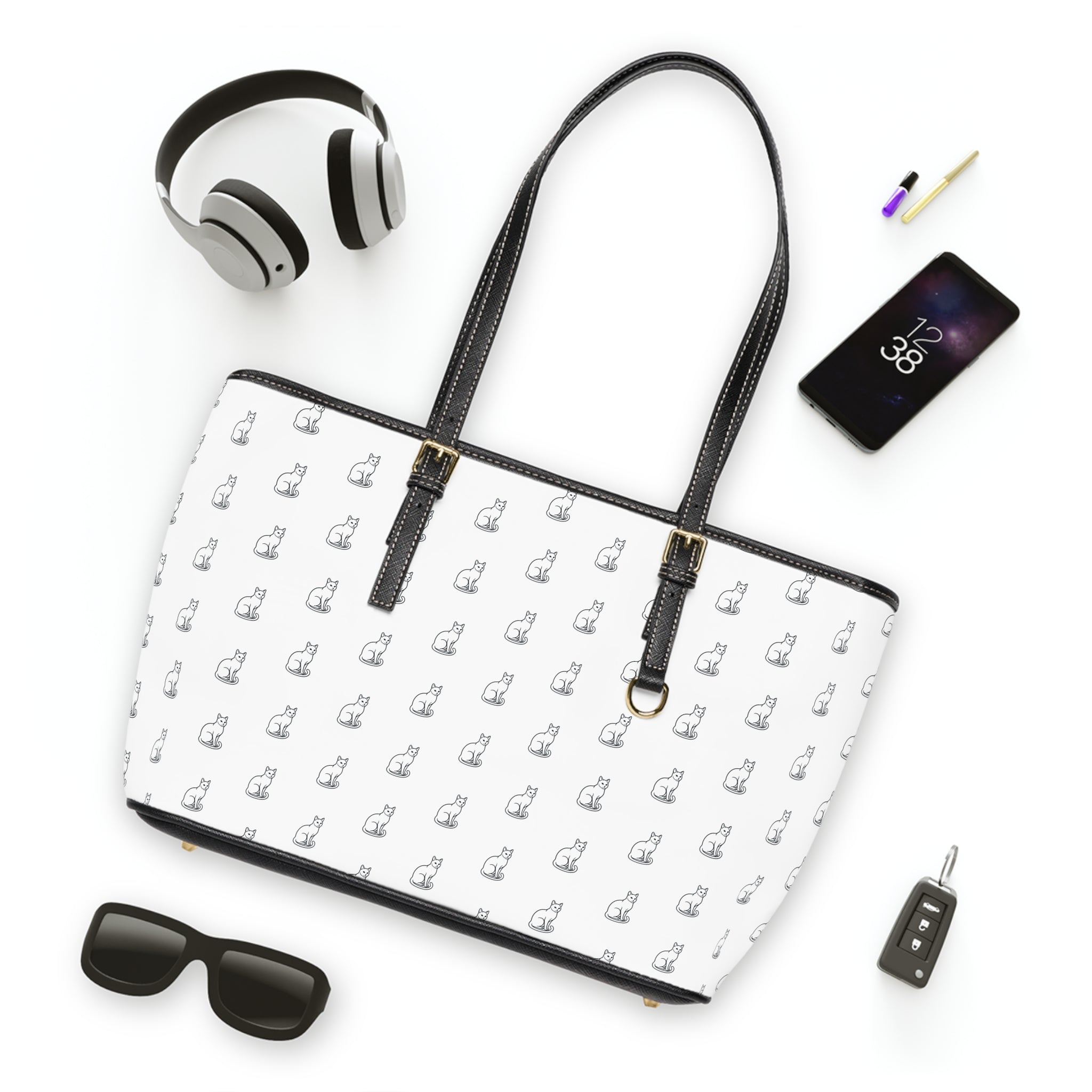 Cat Silhouette Pattern PU Leather Shoulder Bag | White Tote, Repeating Cat Design