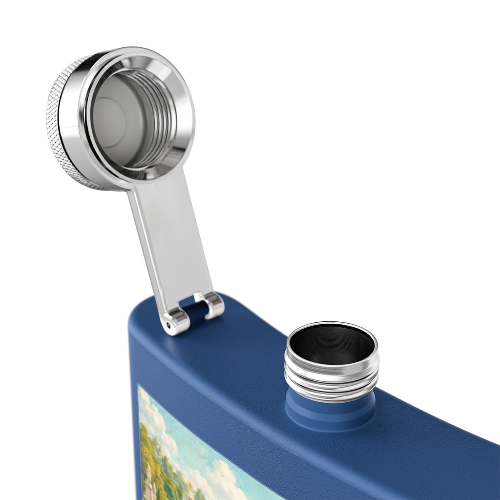 Open lid of blue flask with a cat tea party scene at Versailles