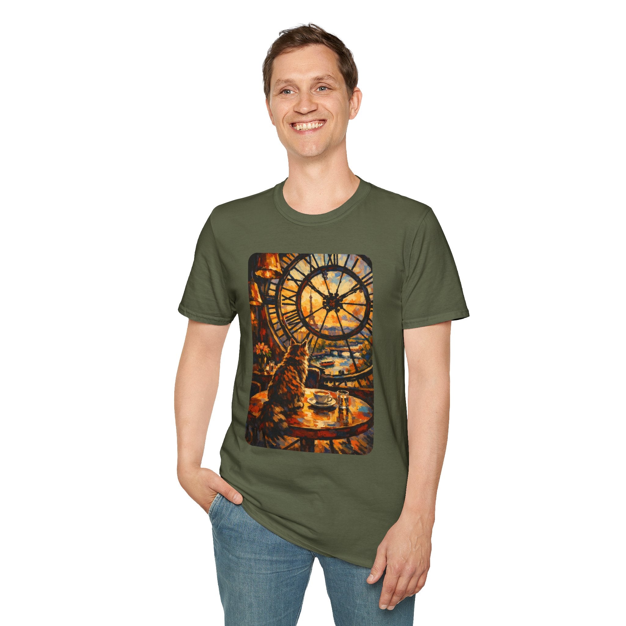 Paris D'Orsay Cafe Cat Illustration T-Shirt | Musée D'Orsay Scene Army Green