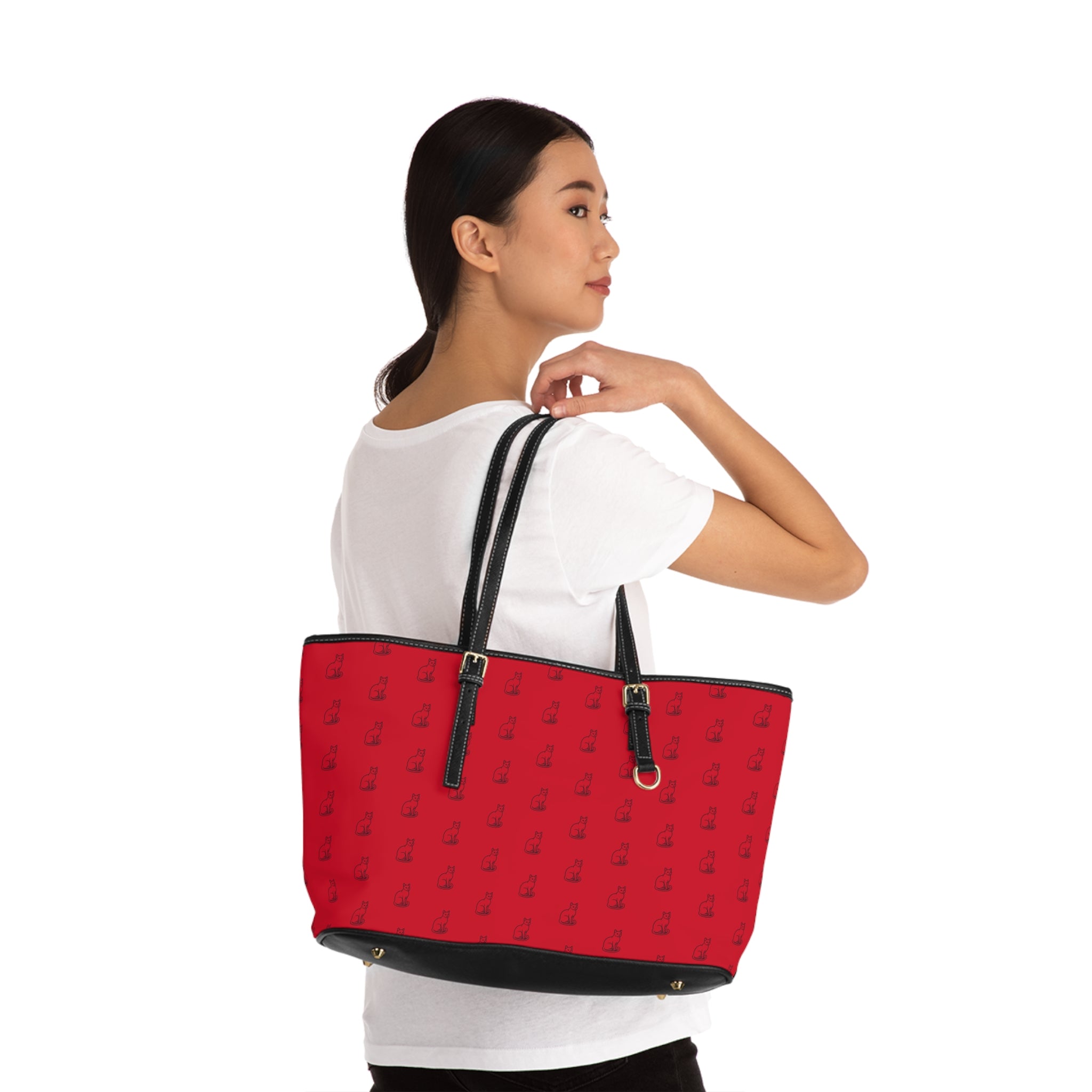 Cat Silhouette Pattern PU Leather Shoulder Bag | Red Tote, Repeating Cat Design