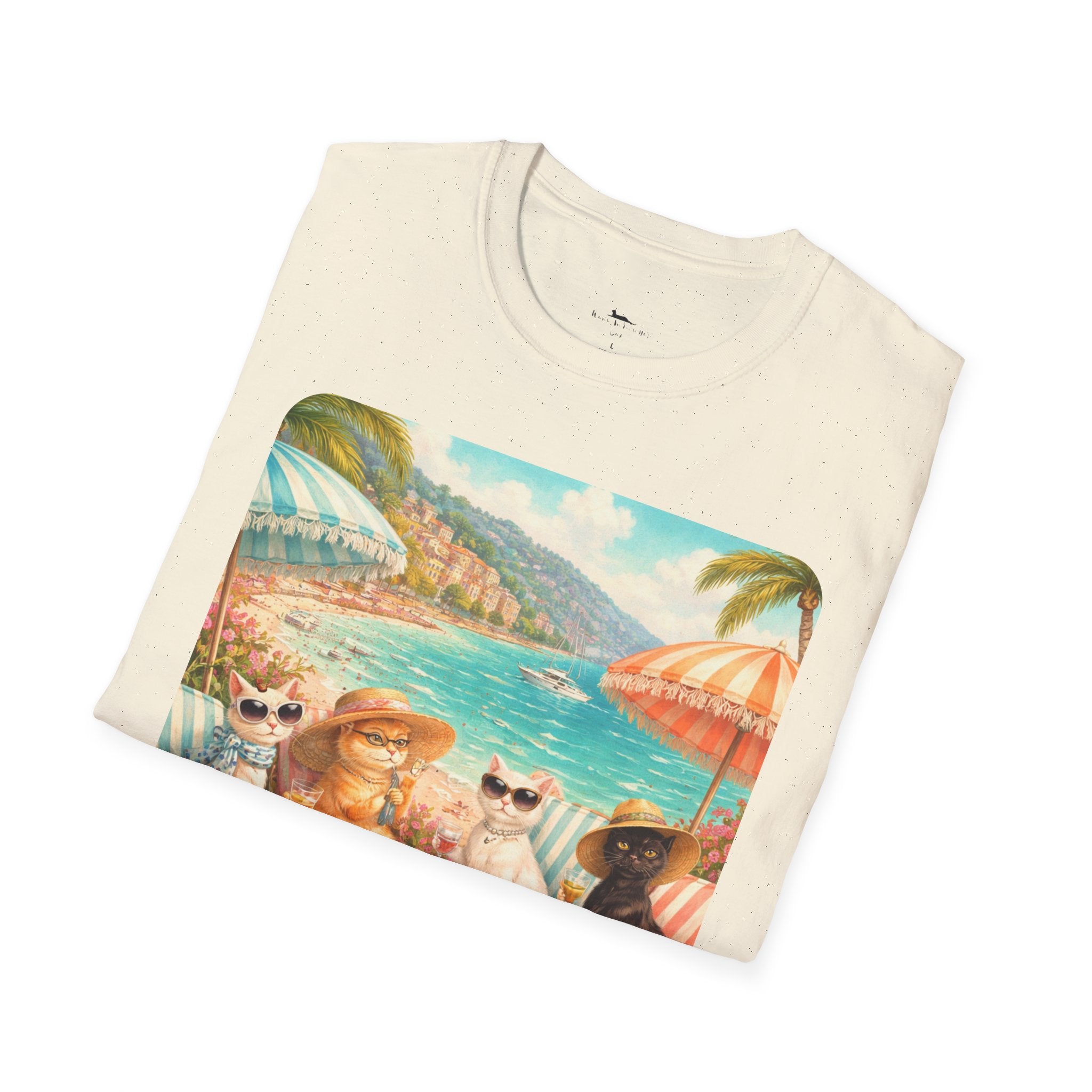 French Riviera Cats Beach Scene T-Shirt | Coastal Vibes Illustration