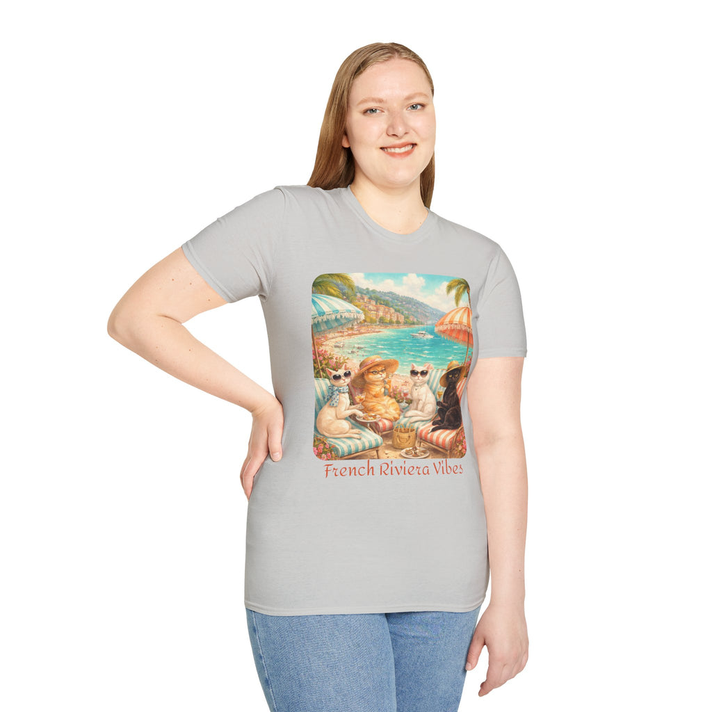 French Riviera Cats Beach Scene T-Shirt | Coastal Vibes Illustration