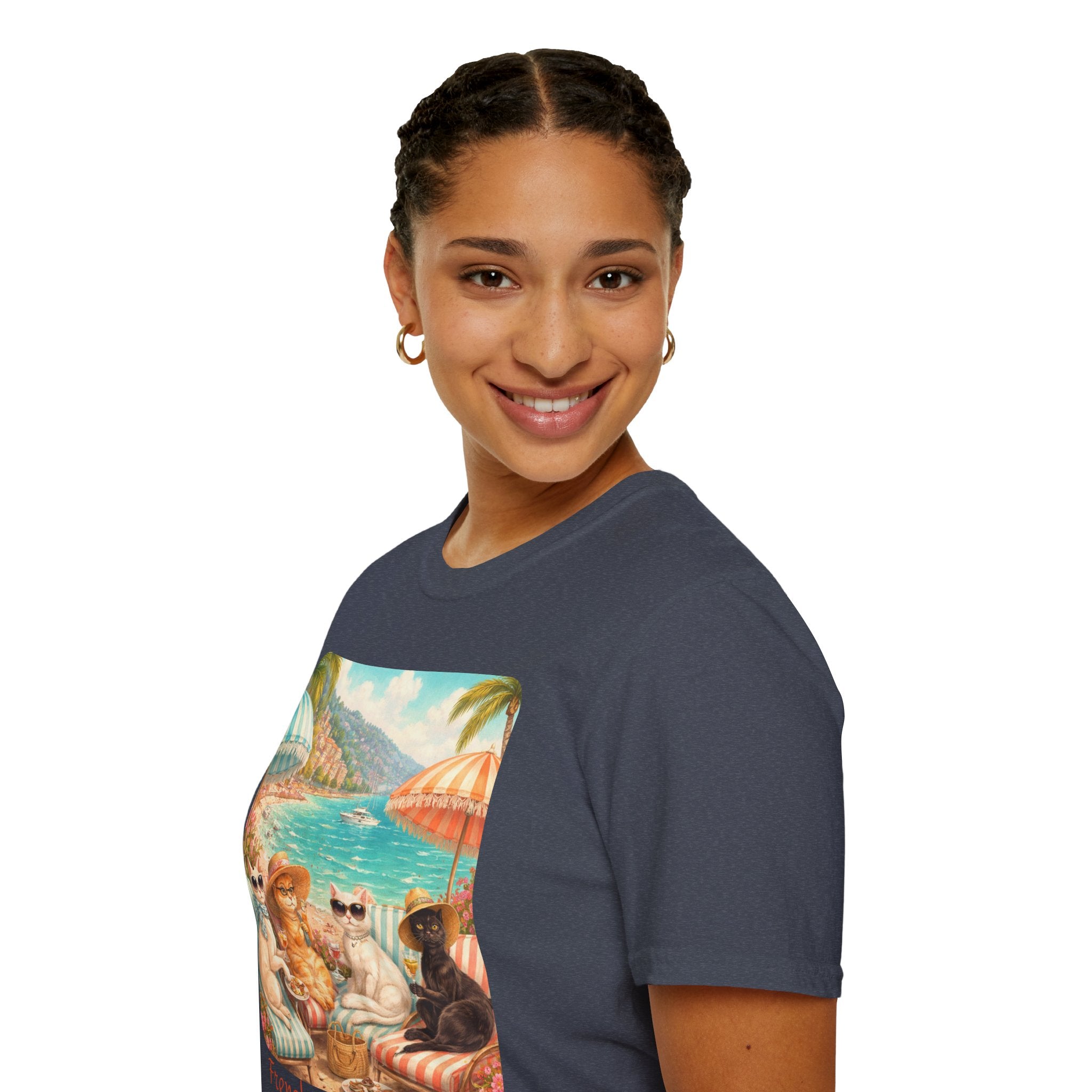 French Riviera Cats Beach Scene T-Shirt | Coastal Vibes Illustration