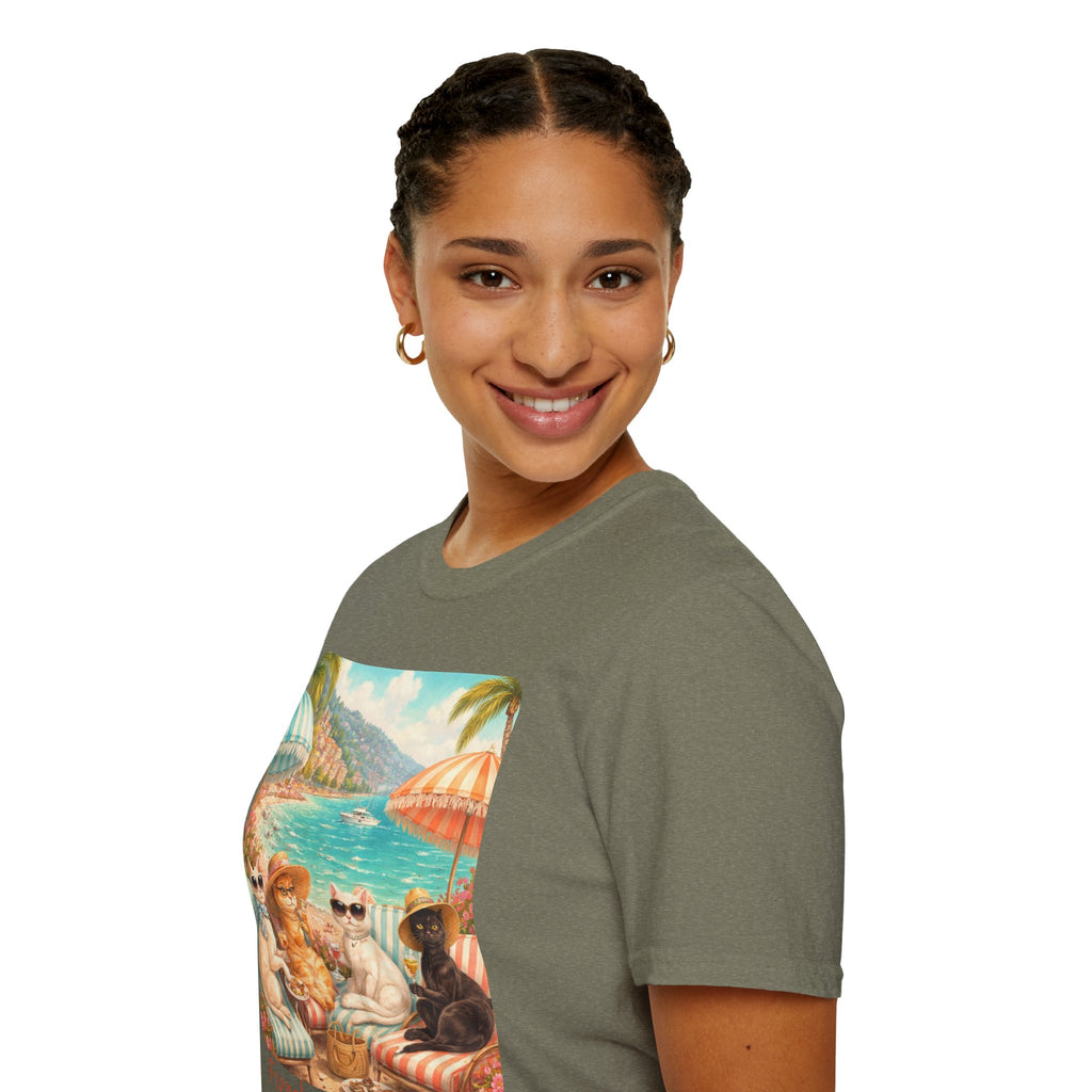 French Riviera Cats Beach Scene T-Shirt | Coastal Vibes Illustration