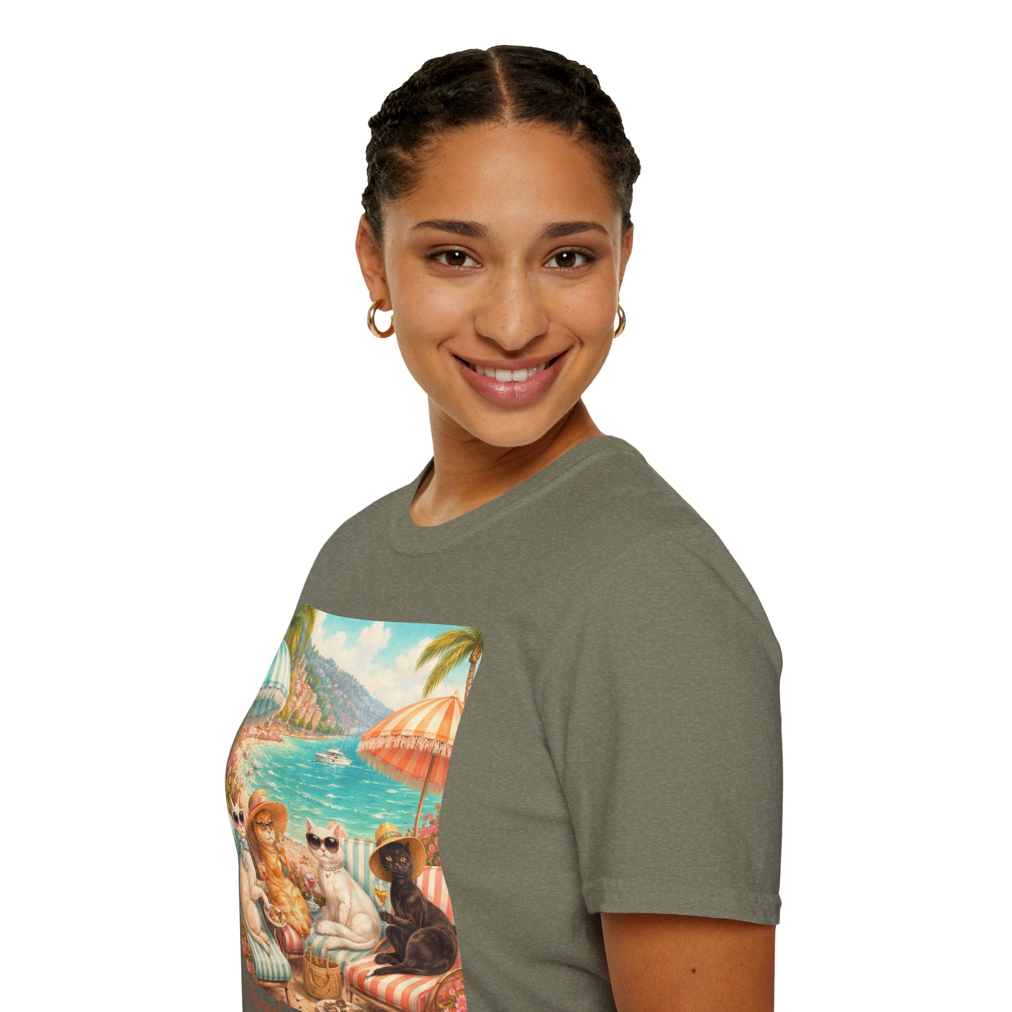 French Riviera Cats Beach Scene T-Shirt | Coastal Vibes Illustration