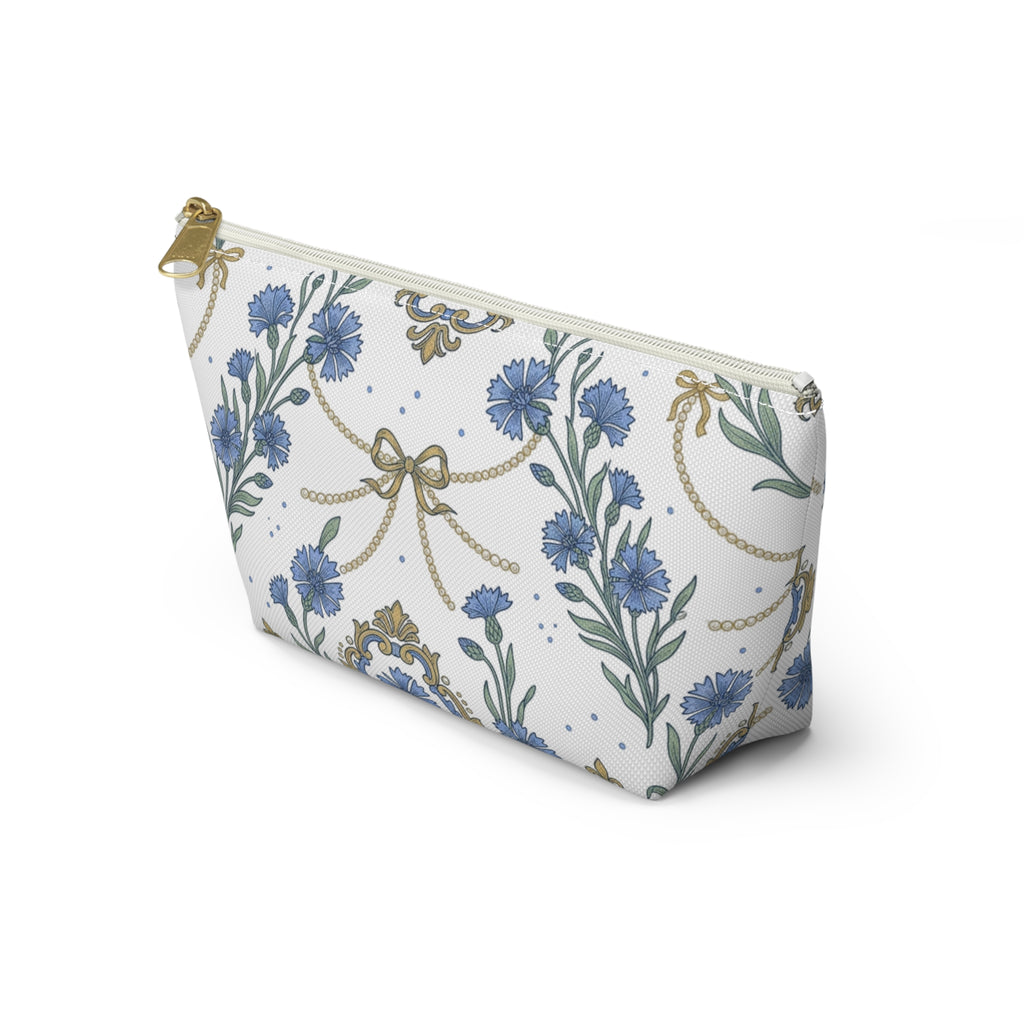 Accessory Pouch w T-bottom | Cornflowers and Pearls Pattern Cosmetic Bag