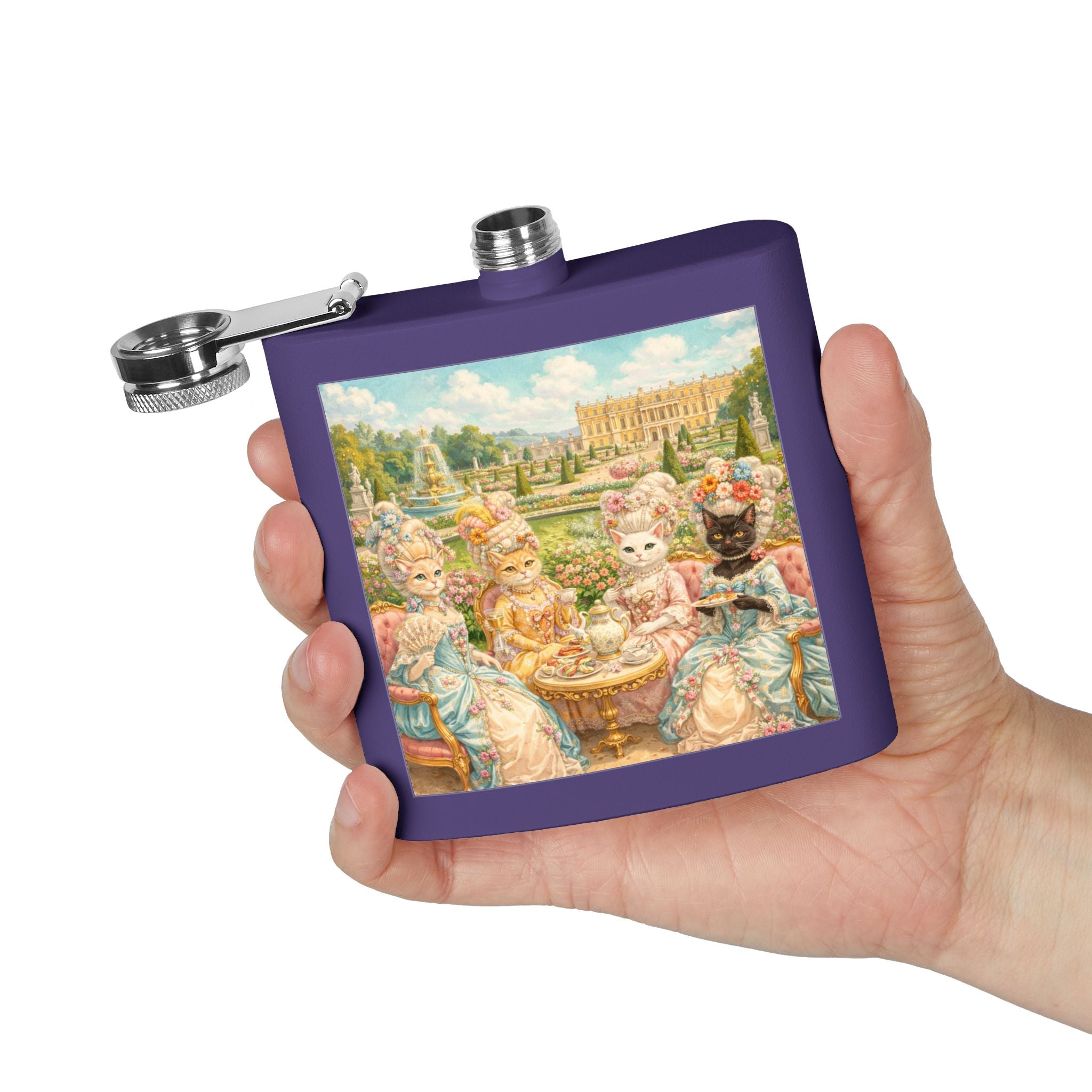Purple flask with a cat tea party scene at Versailles