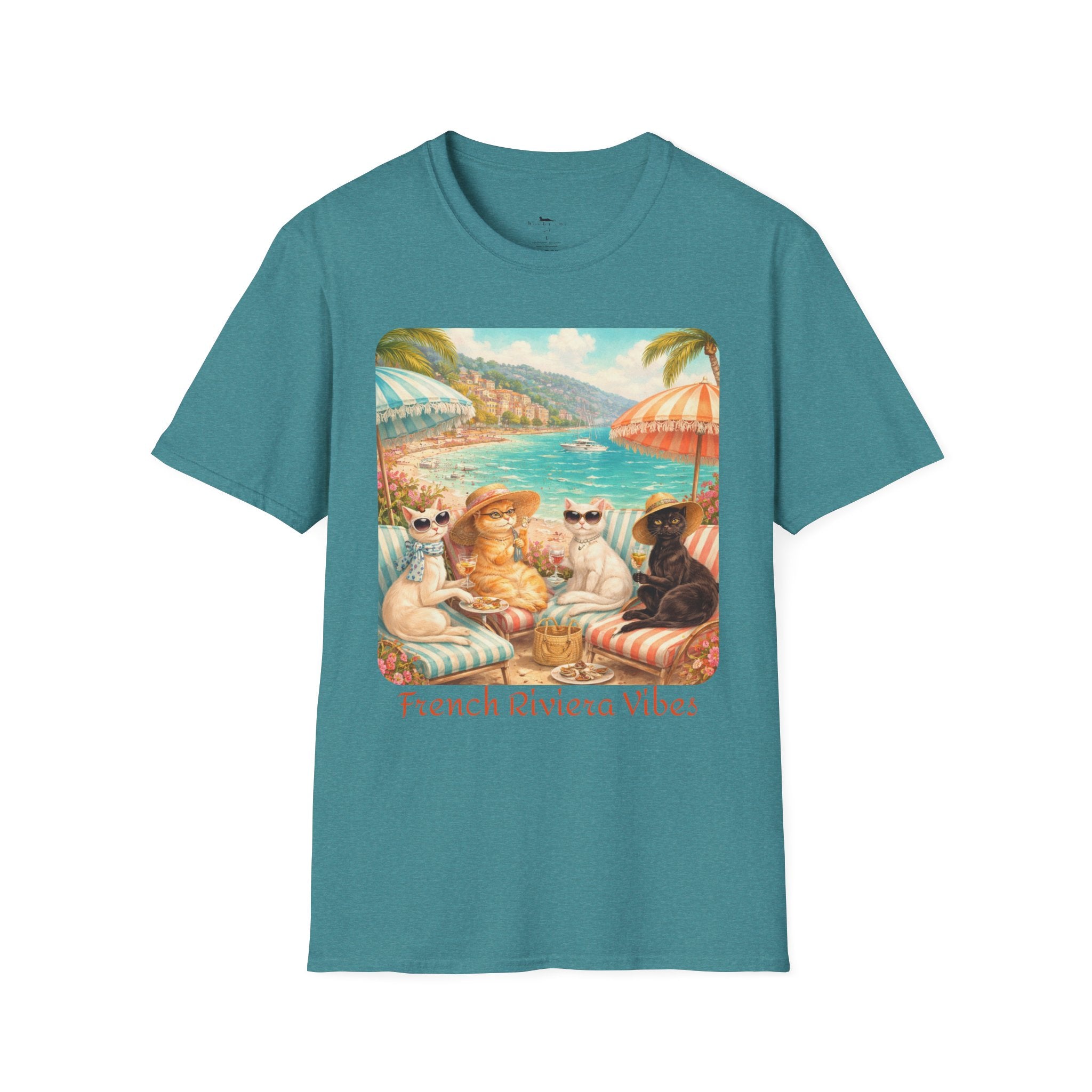 French Riviera Cats Beach Scene T-Shirt | Coastal Vibes Illustration