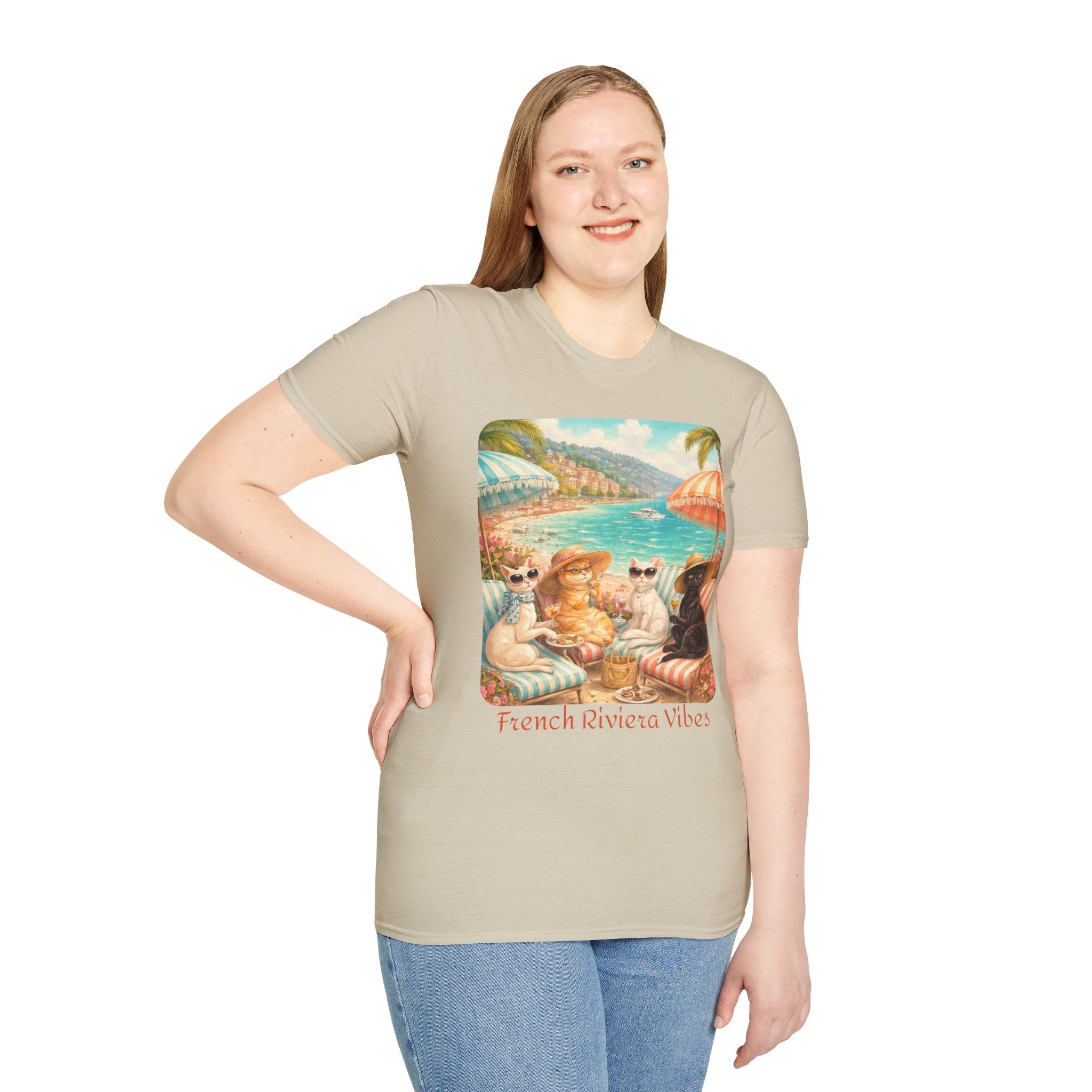 French Riviera Cats Beach Scene T-Shirt | Coastal Vibes Illustration
