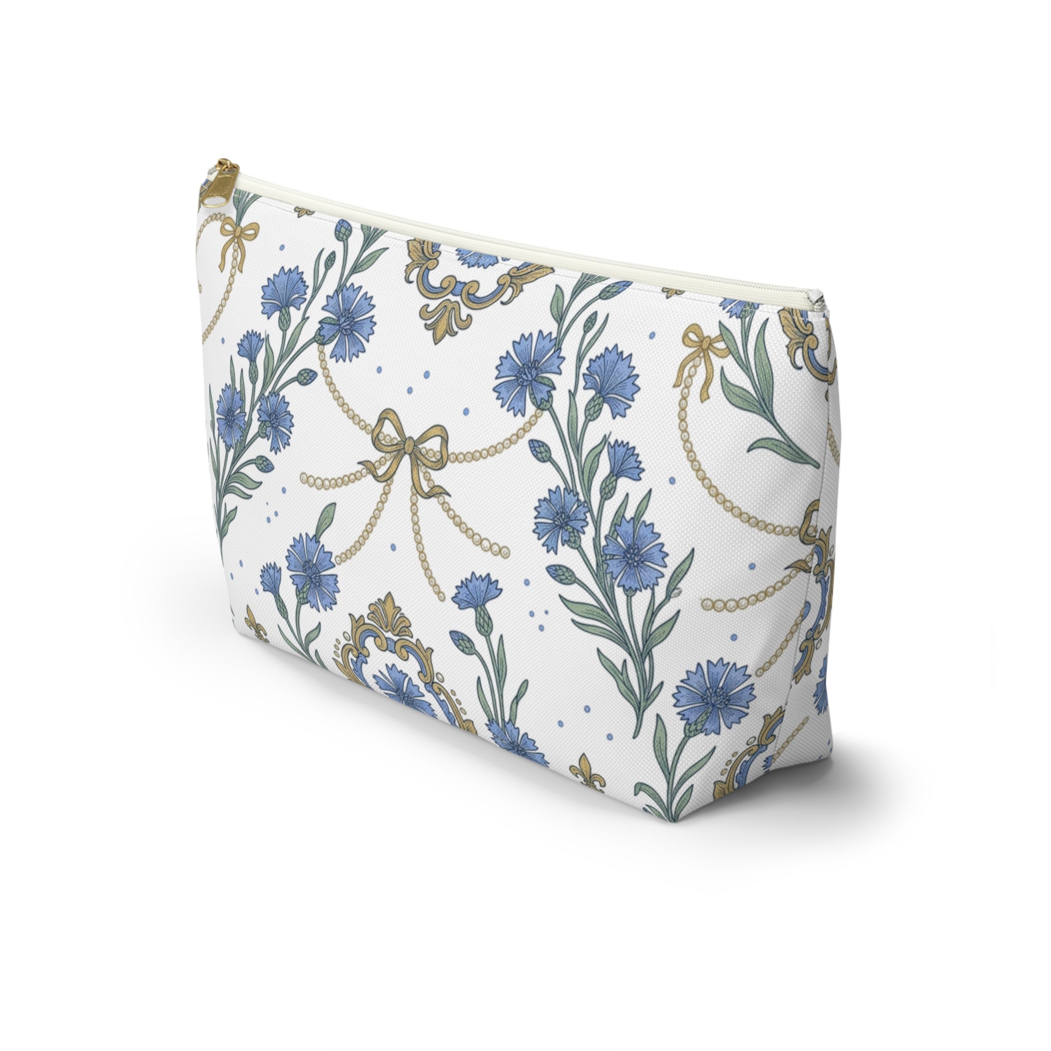 Accessory Pouch w T-bottom | Cornflowers and Pearls Pattern Cosmetic Bag