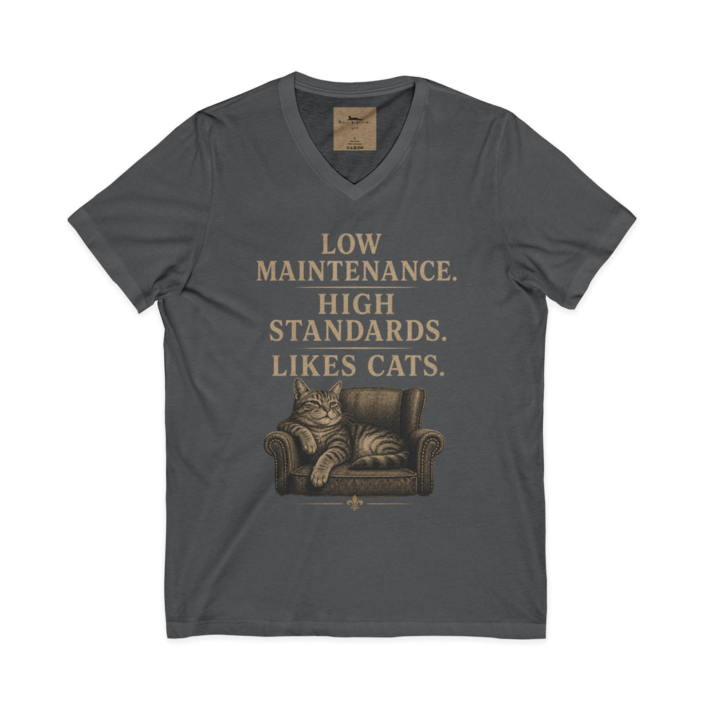 Cat Lover V-Neck Tee — "Low Maintenance. High Standards. Likes Cats."
