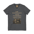 Cat Lover V-Neck Tee — "Low Maintenance. High Standards. Likes Cats."