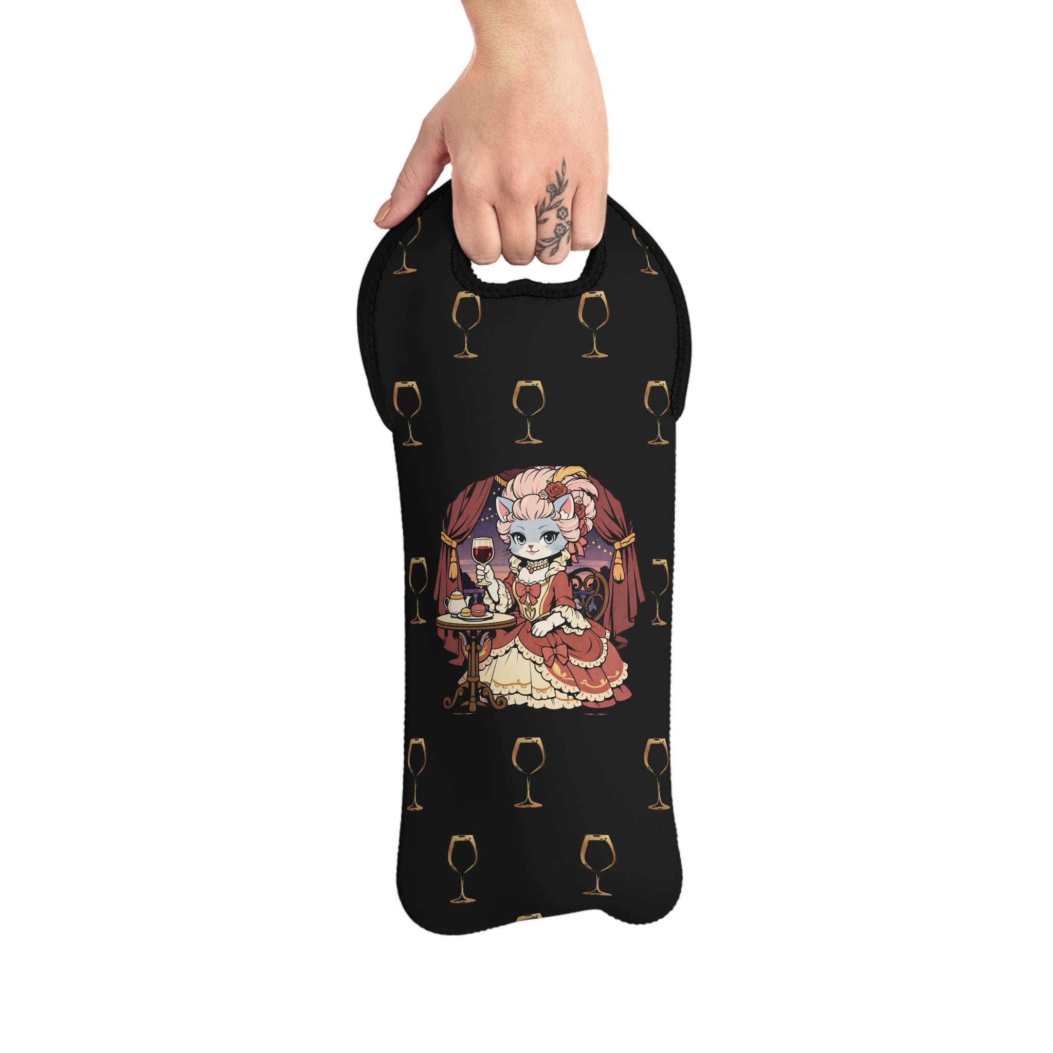 Marie Catoinette Wine Tote | Cat in Rococo Dress, Wine Glass Pattern