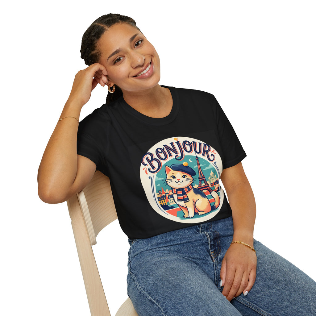 Bonjour Au Revoir Cat Paris T-Shirt Black | Cute French Kitty T-Shirt