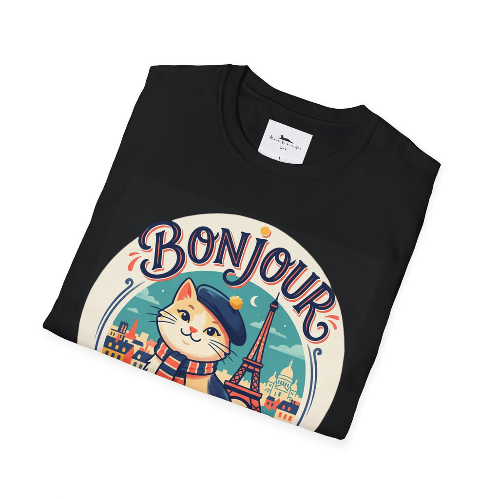 Bonjour Au Revoir Cat Paris T-Shirt Black | Cute French Kitty T-Shirt