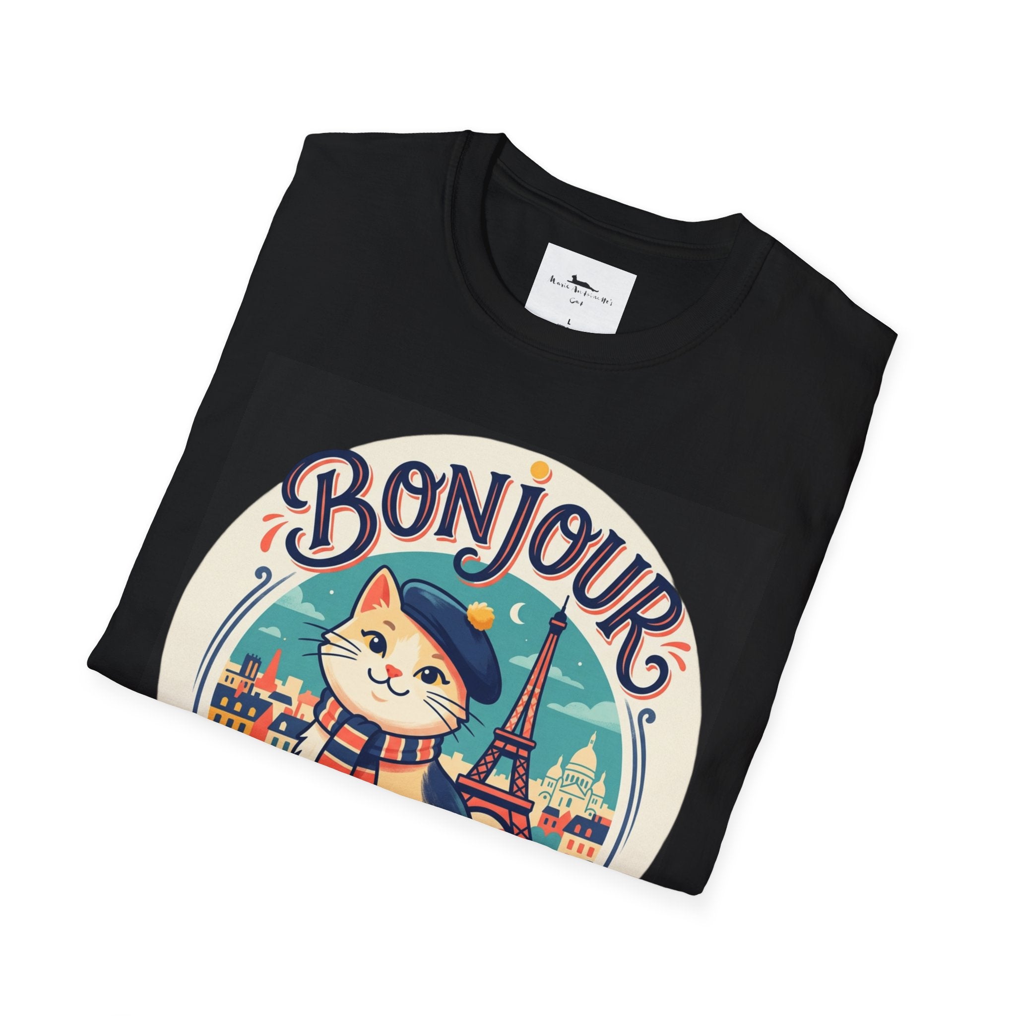 Bonjour Au Revoir Cat Paris T-Shirt Black | Cute French Kitty T-Shirt
