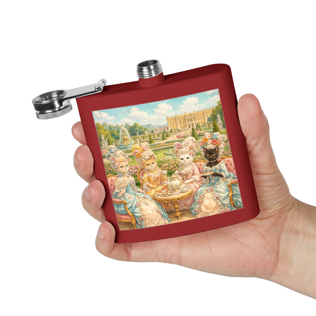 Red flask with a cat tea party scene at Versailles