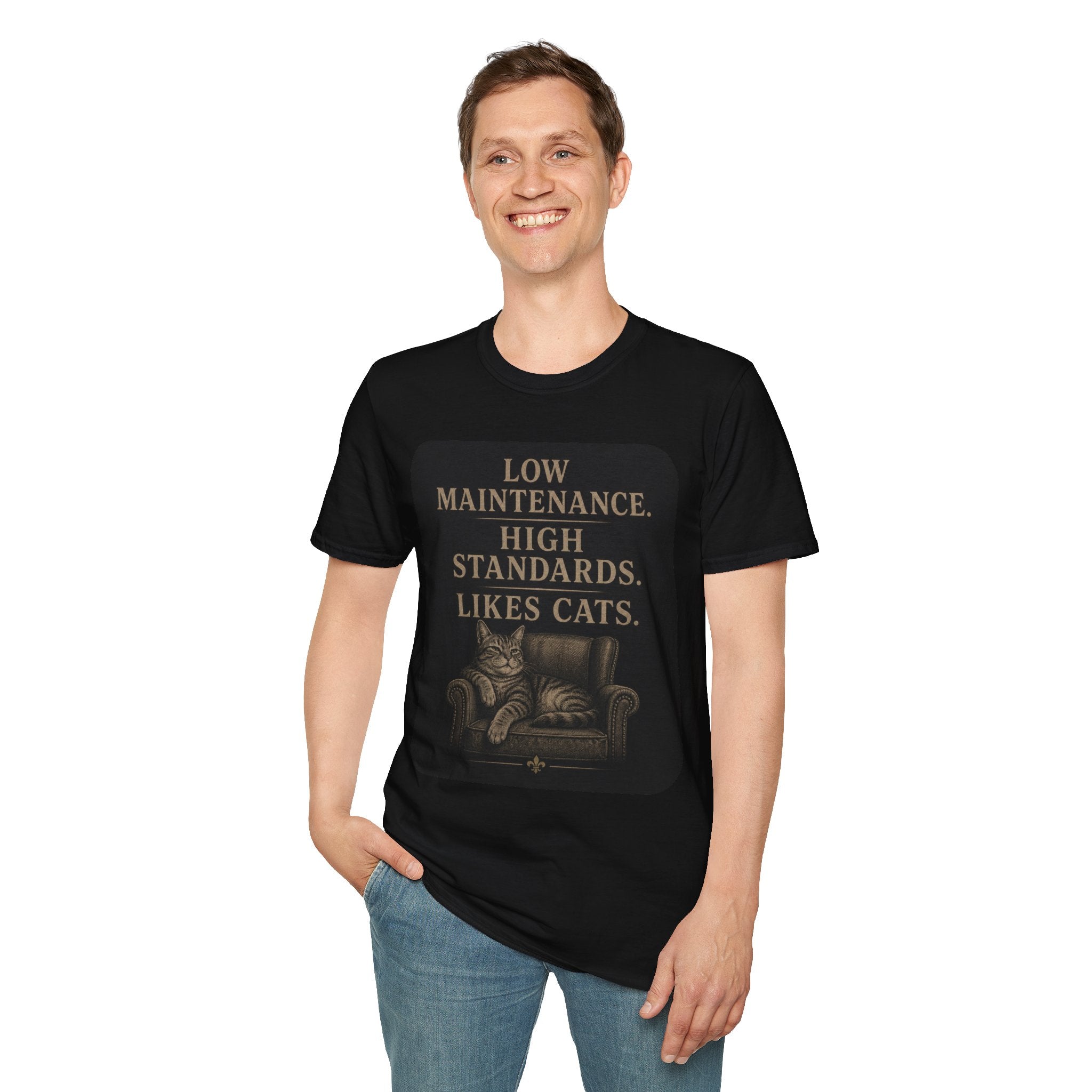 Cat Lover T‑Shirt — "Low Maintenance. High Standards. Likes Cats." Design