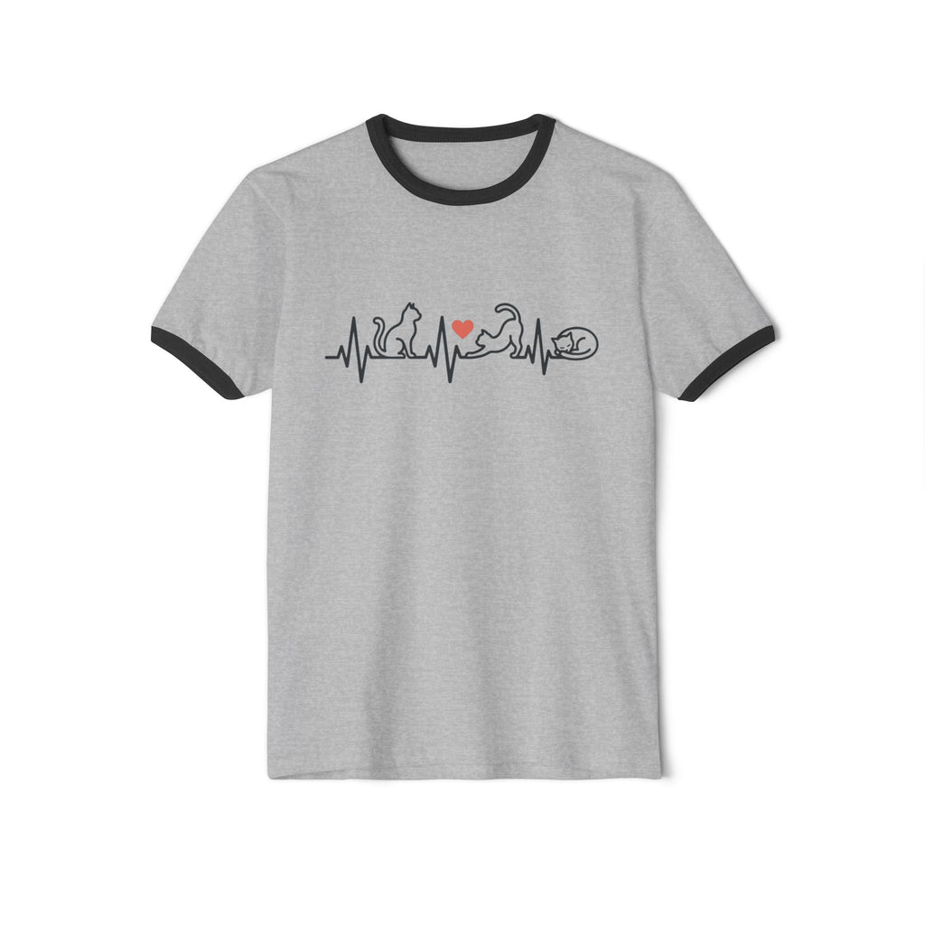 Cat Lover Ringer T-Shirt — Cat Heartbeat Print Design Gray