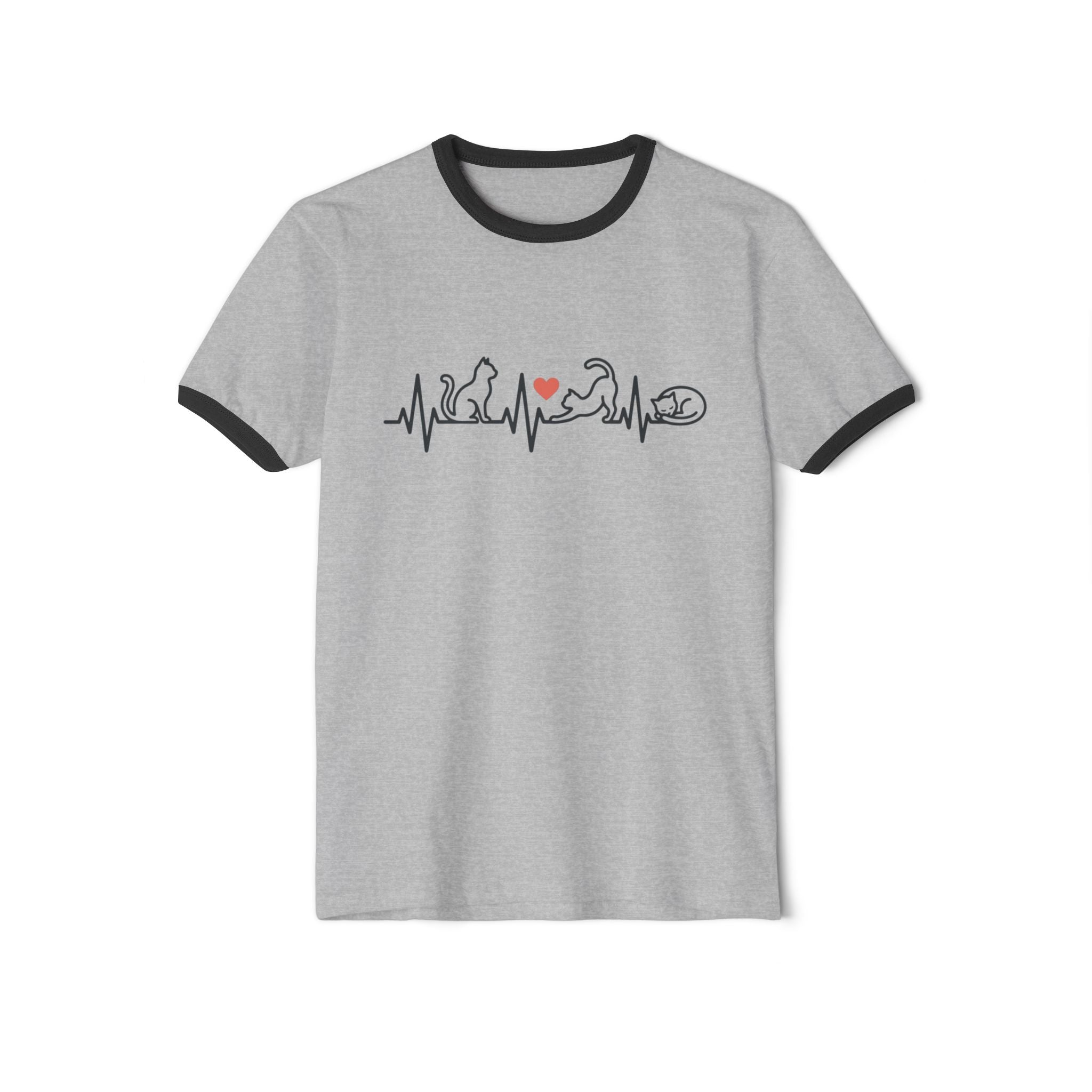 Cat Lover Ringer T-Shirt — Cat Heartbeat Print Design Gray