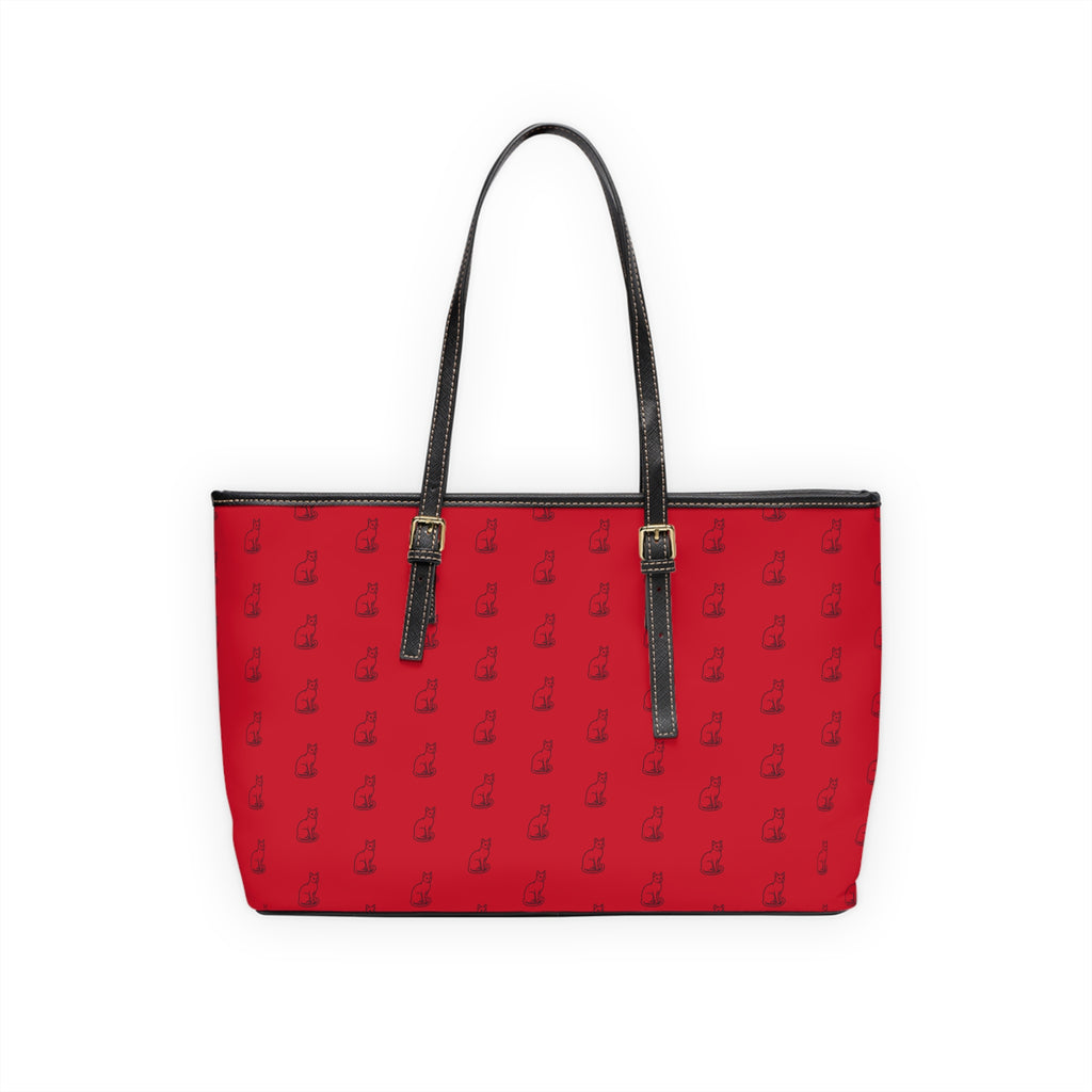 Cat Silhouette Pattern PU Leather Shoulder Bag | Red Tote, Repeating Cat Design