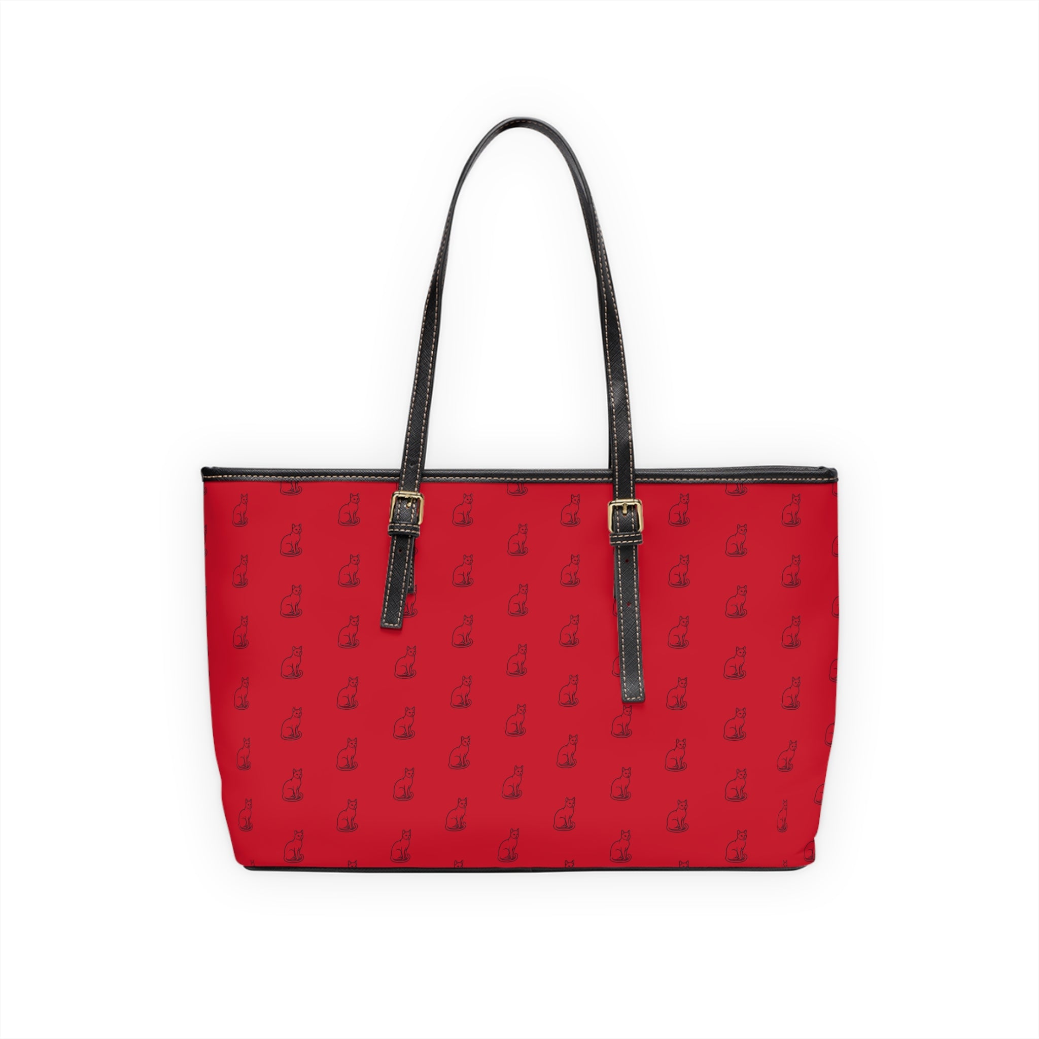 Cat Silhouette Pattern PU Leather Shoulder Bag | Red Tote, Repeating Cat Design