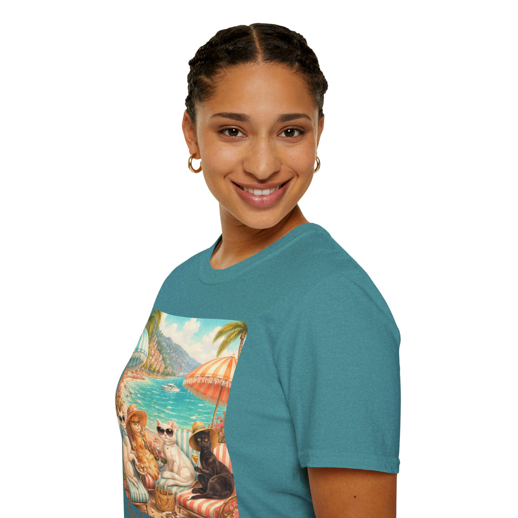 French Riviera Cats Beach Scene T-Shirt | Coastal Vibes Illustration