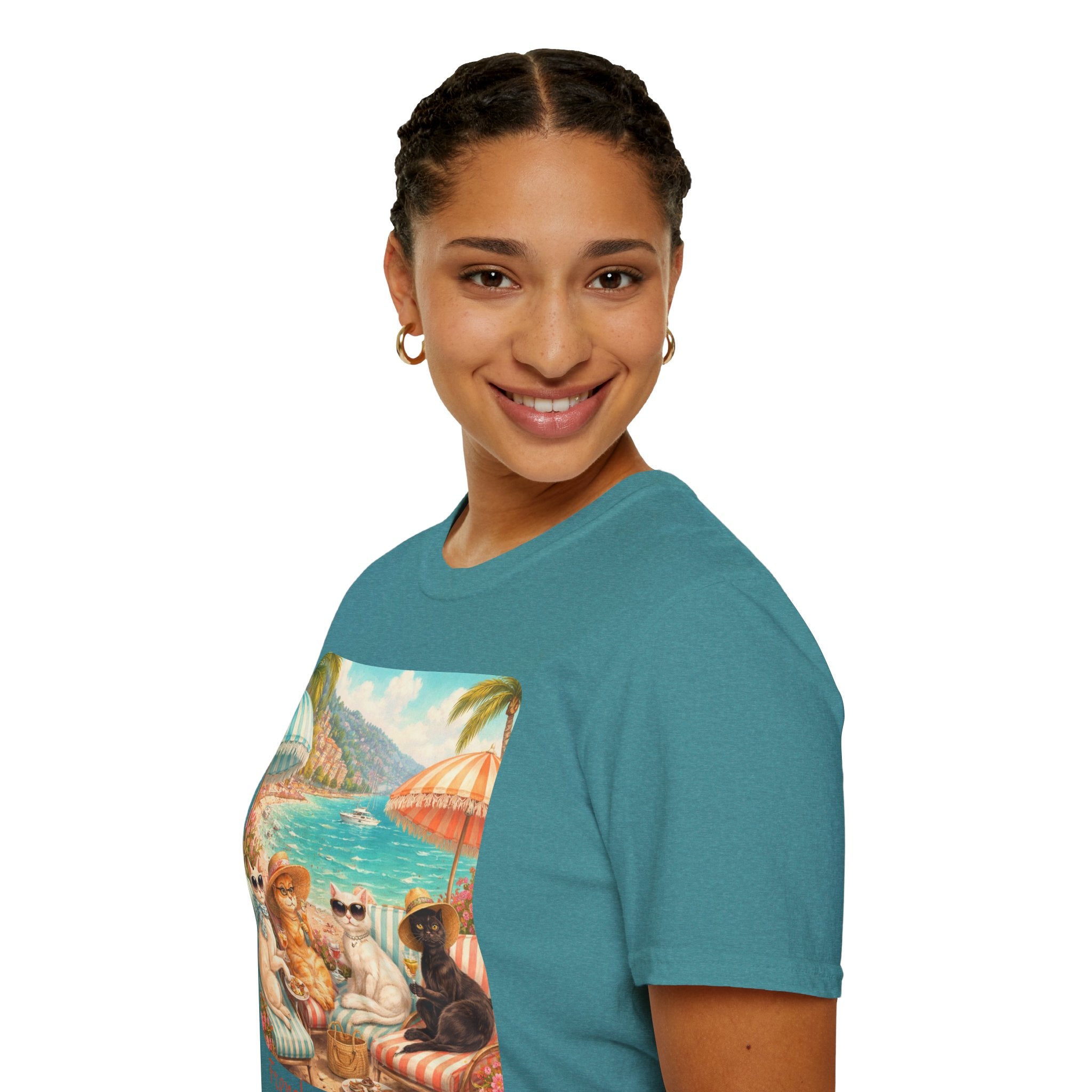 French Riviera Cats Beach Scene T-Shirt | Coastal Vibes Illustration