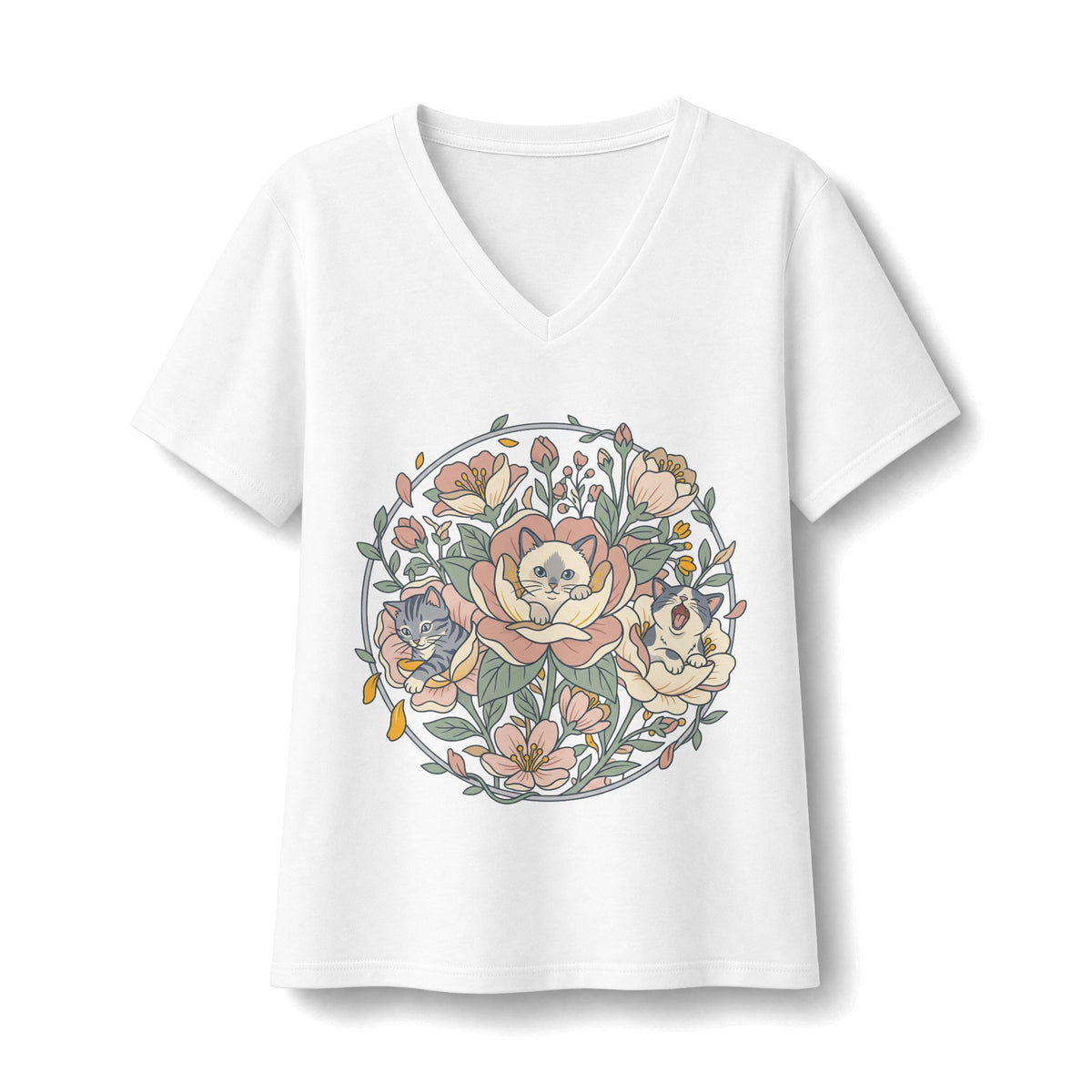 A V-neck t-shirt featuring a circular floral graphic on the chest with blooming cat characters inside flowers.