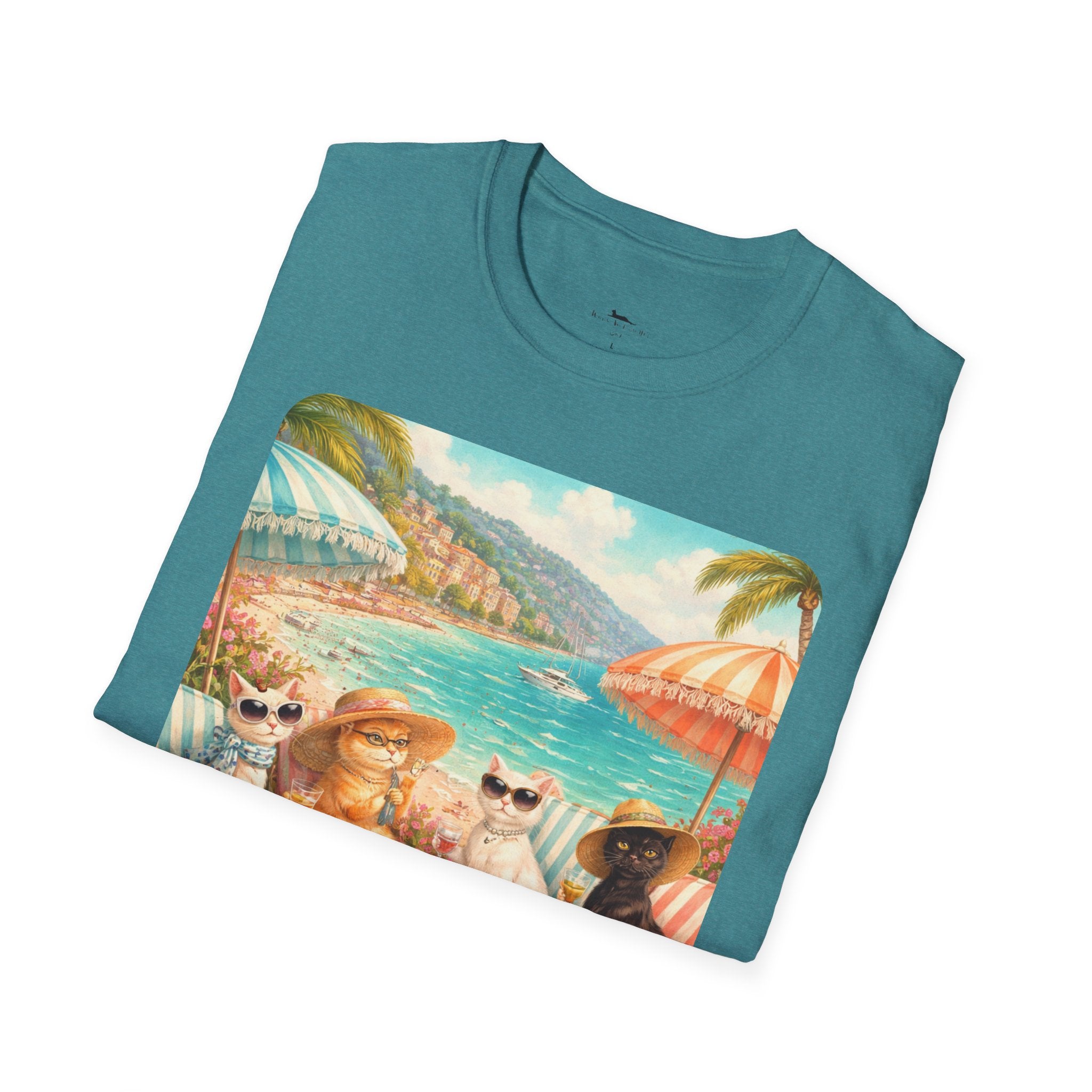 French Riviera Cats Beach Scene T-Shirt | Coastal Vibes Illustration