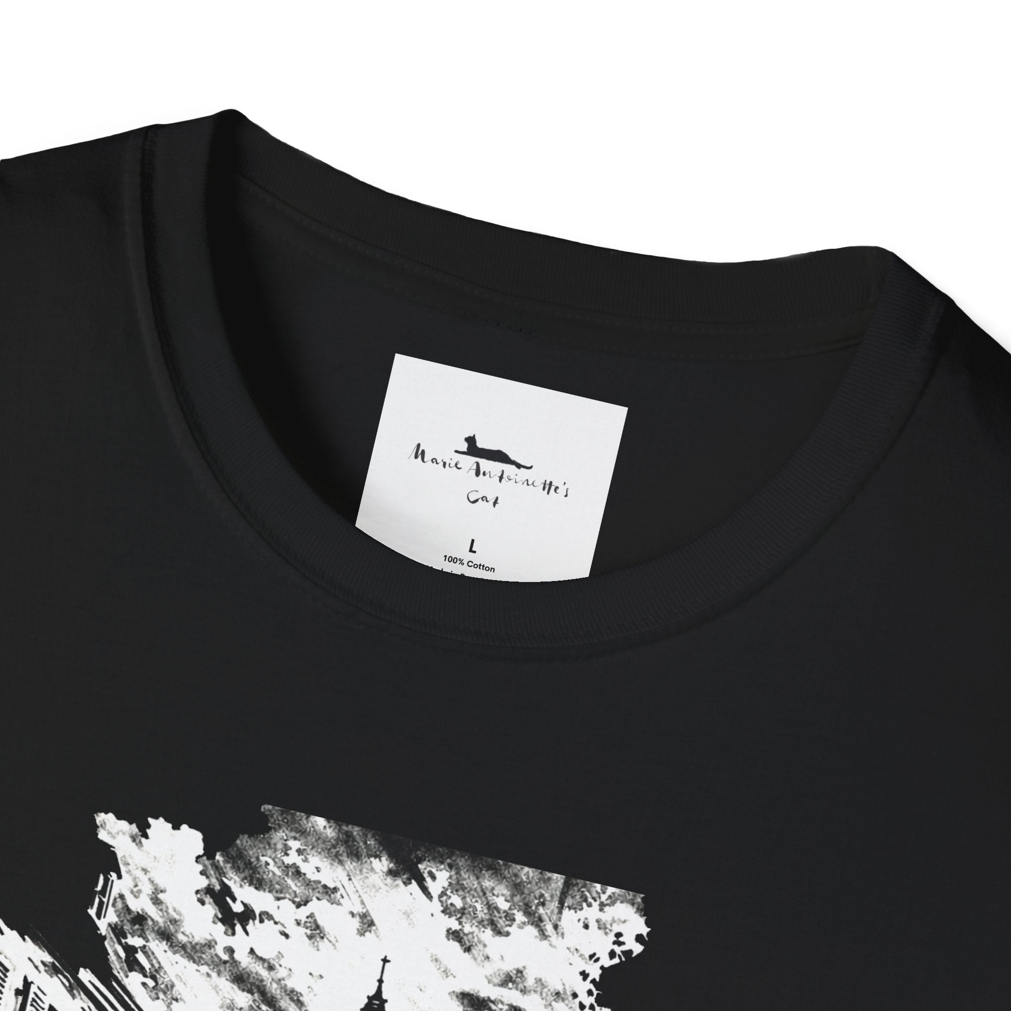 Black t-shirt with black graphic design of a street scene and Eiffel Tower on a white background