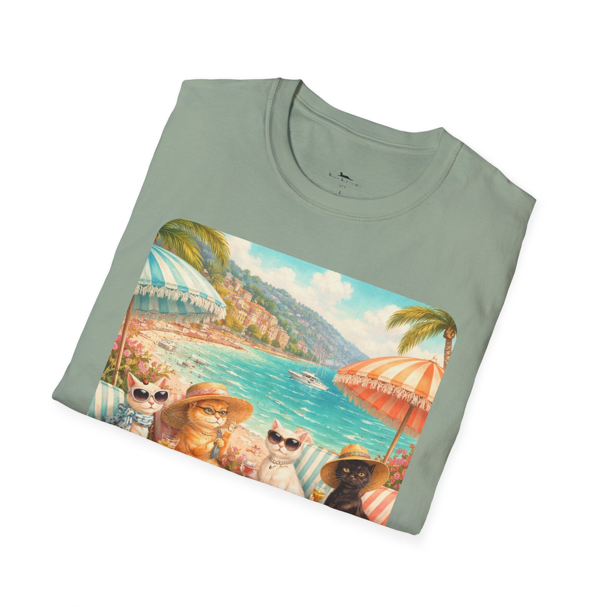 French Riviera Cats Beach Scene T-Shirt | Coastal Vibes Illustration