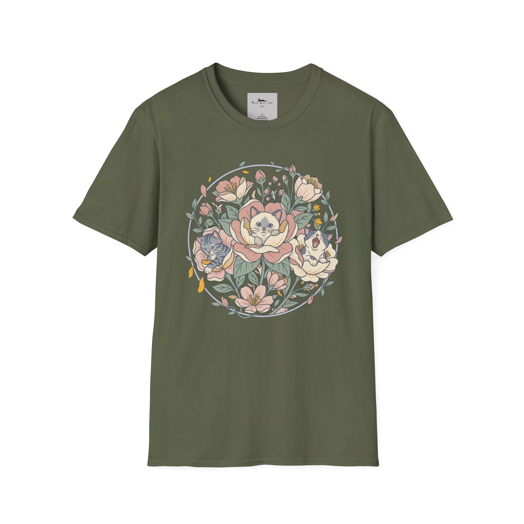 Floral Kitten Bouquet T-shirt — Blooming Kittens Women’s Cotton Tee Olive