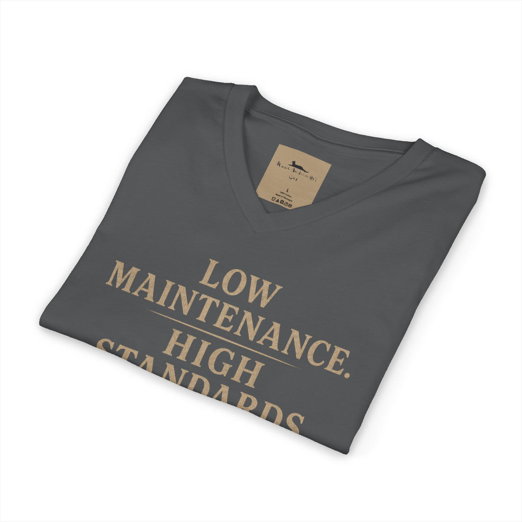 Cat Lover V-Neck Tee — "Low Maintenance. High Standards. Likes Cats."