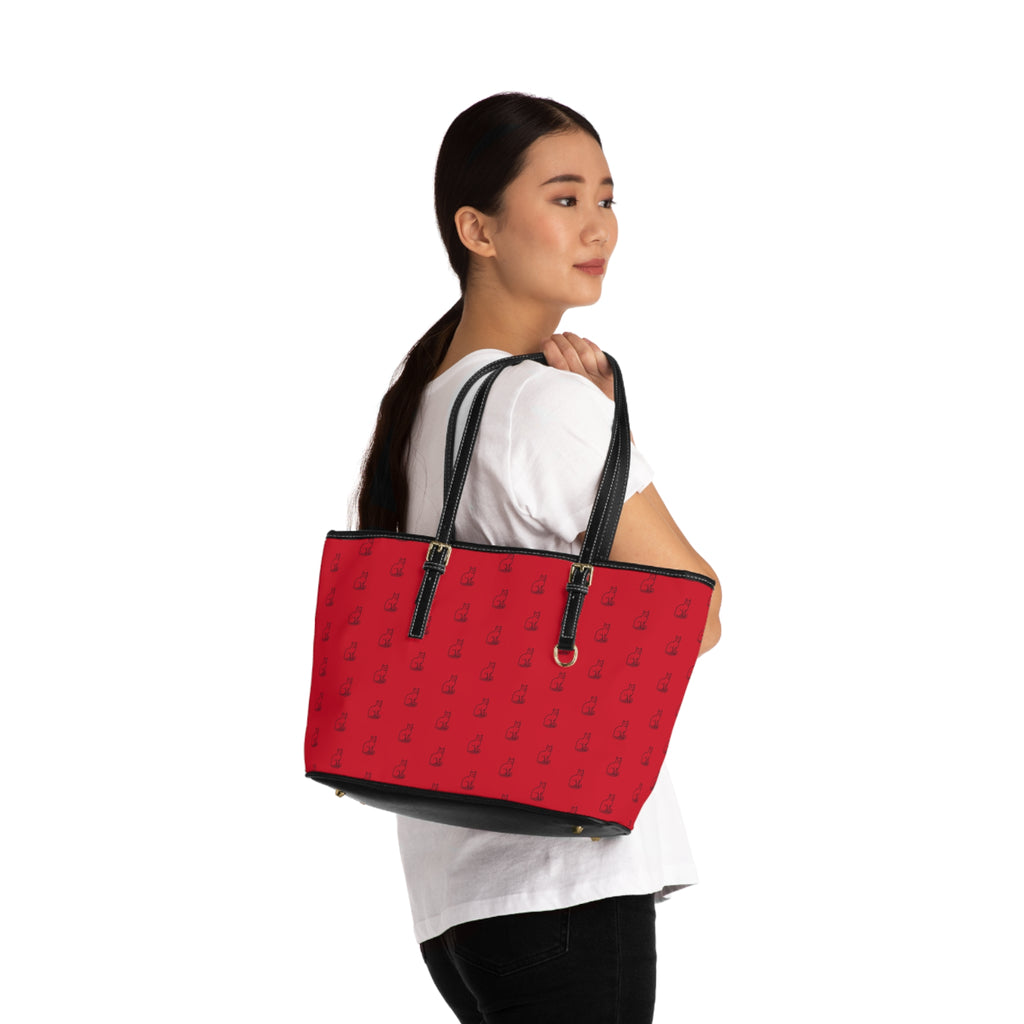 Cat Silhouette Pattern PU Leather Shoulder Bag | Red Tote, Repeating Cat Design