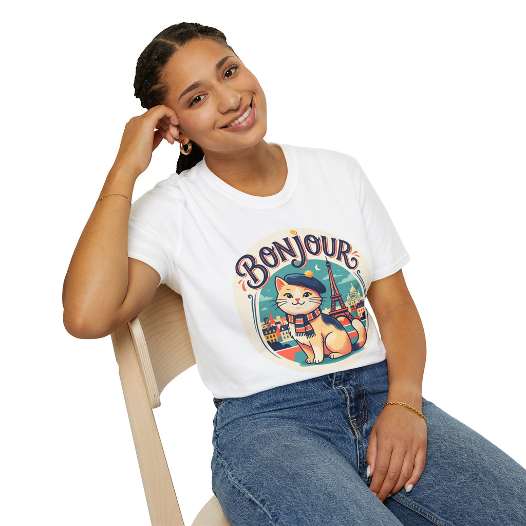 Bonjour Au Revoir Cat Paris T-Shirt White | Cute French Kitty T-Shirt