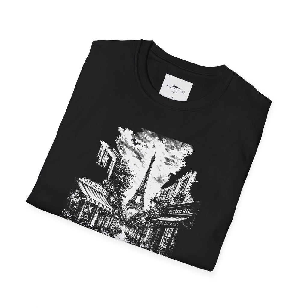 Black t-shirt with black graphic design of a street scene and Eiffel Tower on a white background