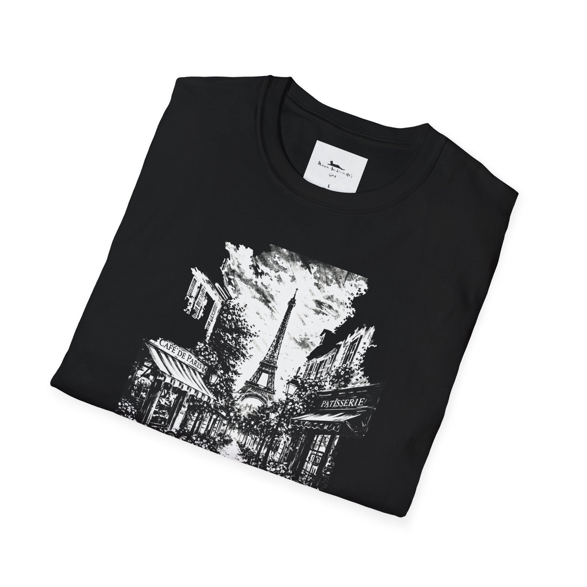 Black t-shirt with black graphic design of a street scene and Eiffel Tower on a white background