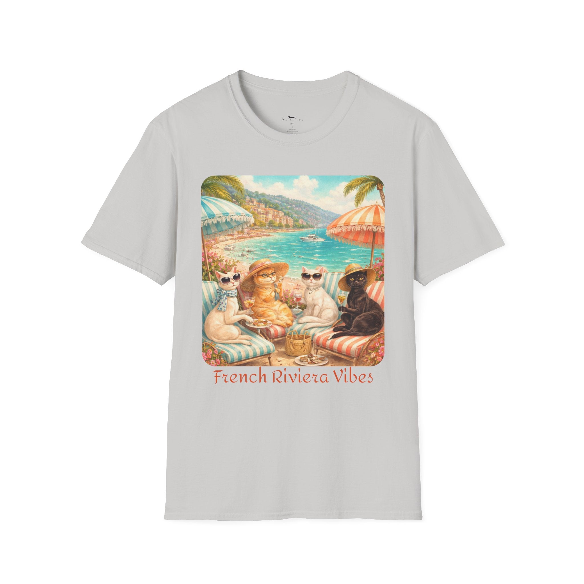 French Riviera Cats Beach Scene T-Shirt | Coastal Vibes Illustration Gray