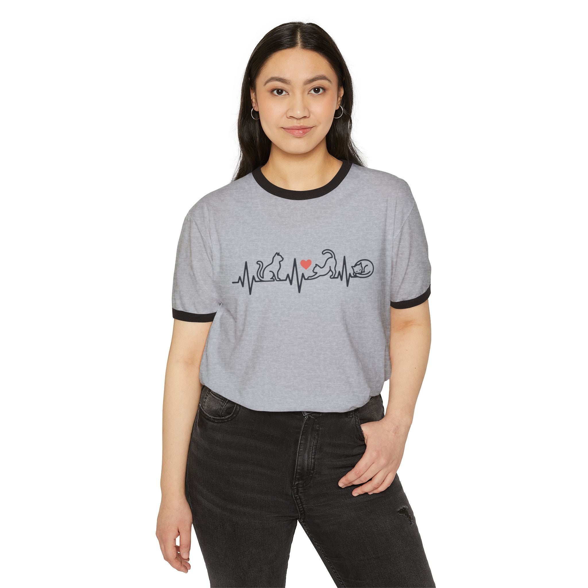 Cat Lover Ringer T-Shirt — Cat Heartbeat Print Design Gray