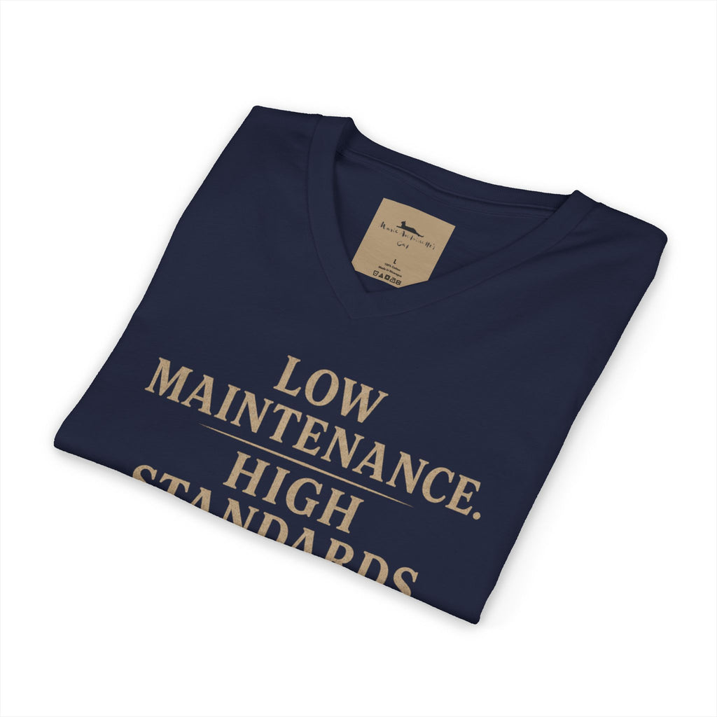 Cat Lover V-Neck Tee — "Low Maintenance. High Standards. Likes Cats."
