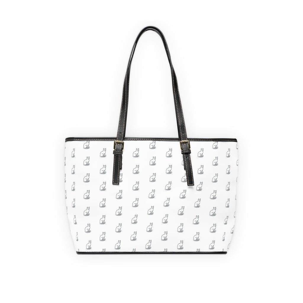 Cat Silhouette Pattern PU Leather Shoulder Bag | White Tote, Repeating Cat Design