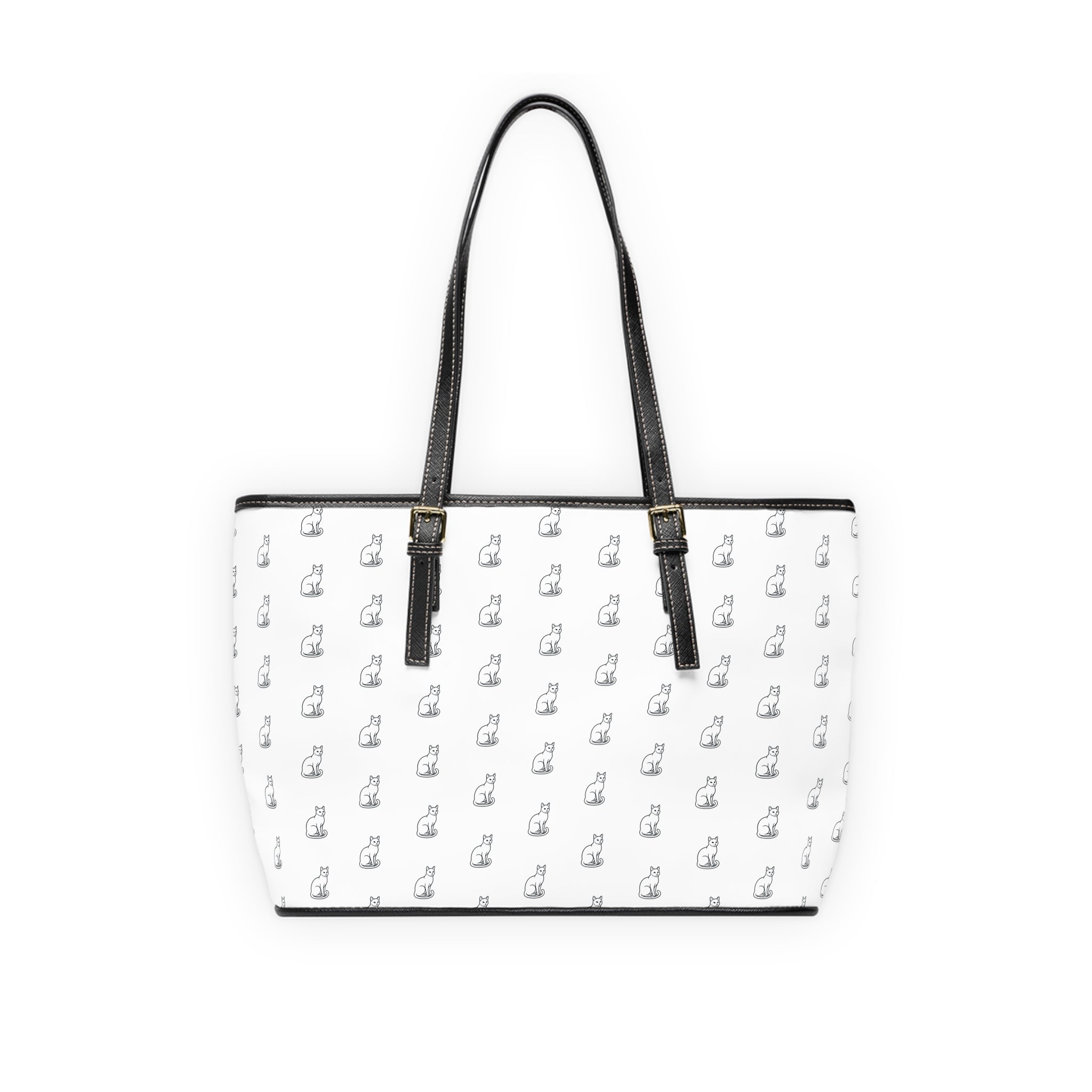 Cat Silhouette Pattern PU Leather Shoulder Bag | White Tote, Repeating Cat Design