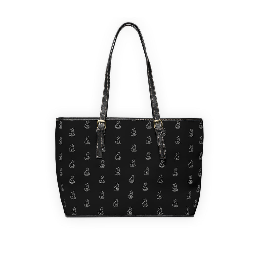 Cat Silhouette Pattern PU Leather Shoulder Bag | Black Tote, Repeating Cat Design