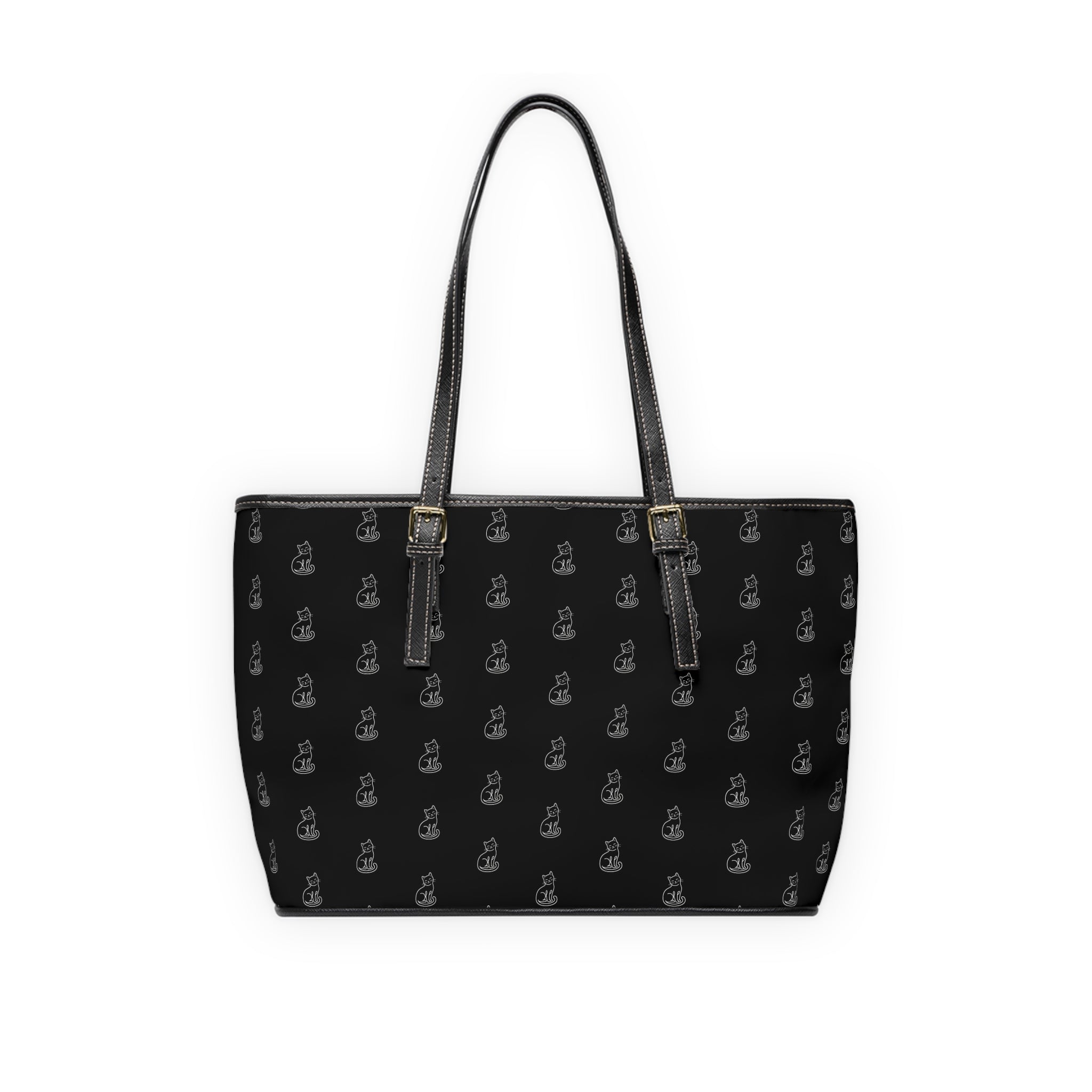 Cat Silhouette Pattern PU Leather Shoulder Bag | Black Tote, Repeating Cat Design