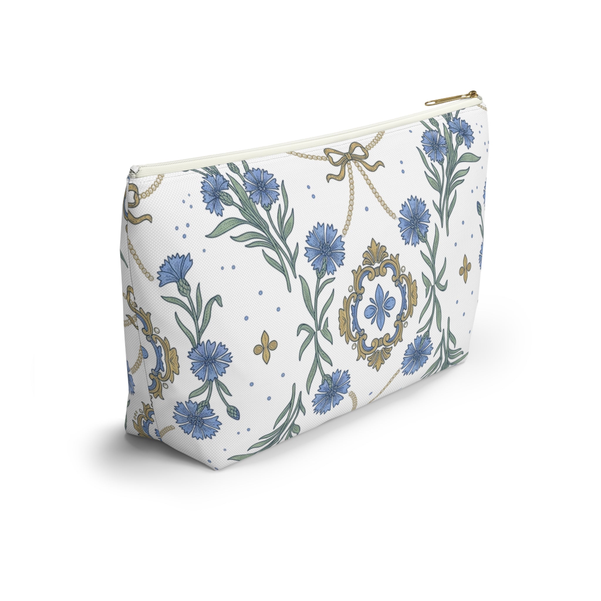Accessory Pouch w T-bottom | Cornflowers and Pearls Pattern Cosmetic Bag